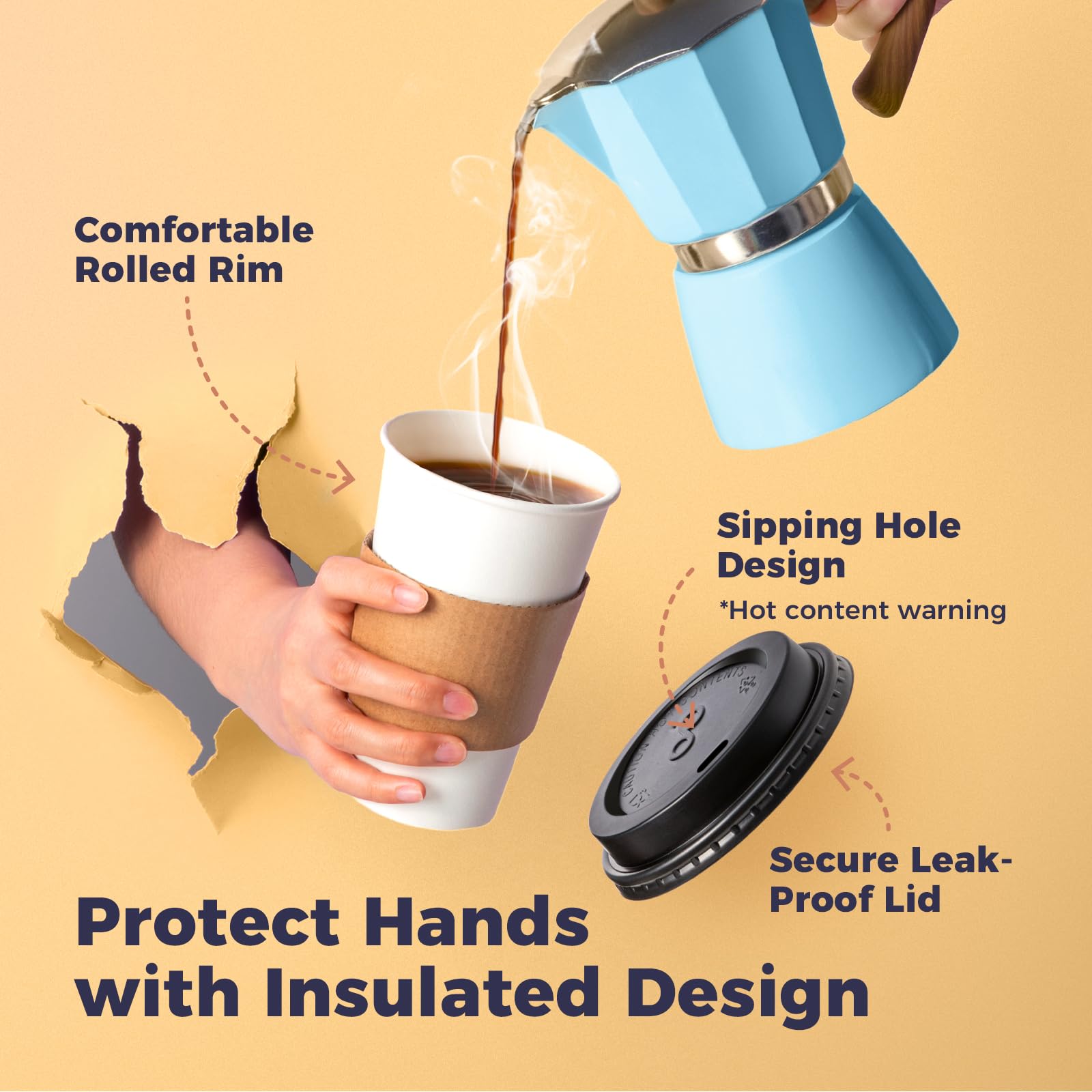 500 Pack 8 oz Disposable Coffee Cups with Lids & Sleeves - Leak-Proof To-Go Paper Cups for Hot Beverages - Durable for Home, Office, Party & Meal Prep - Perfect for Coffee Shops, Cafes & Catering Services