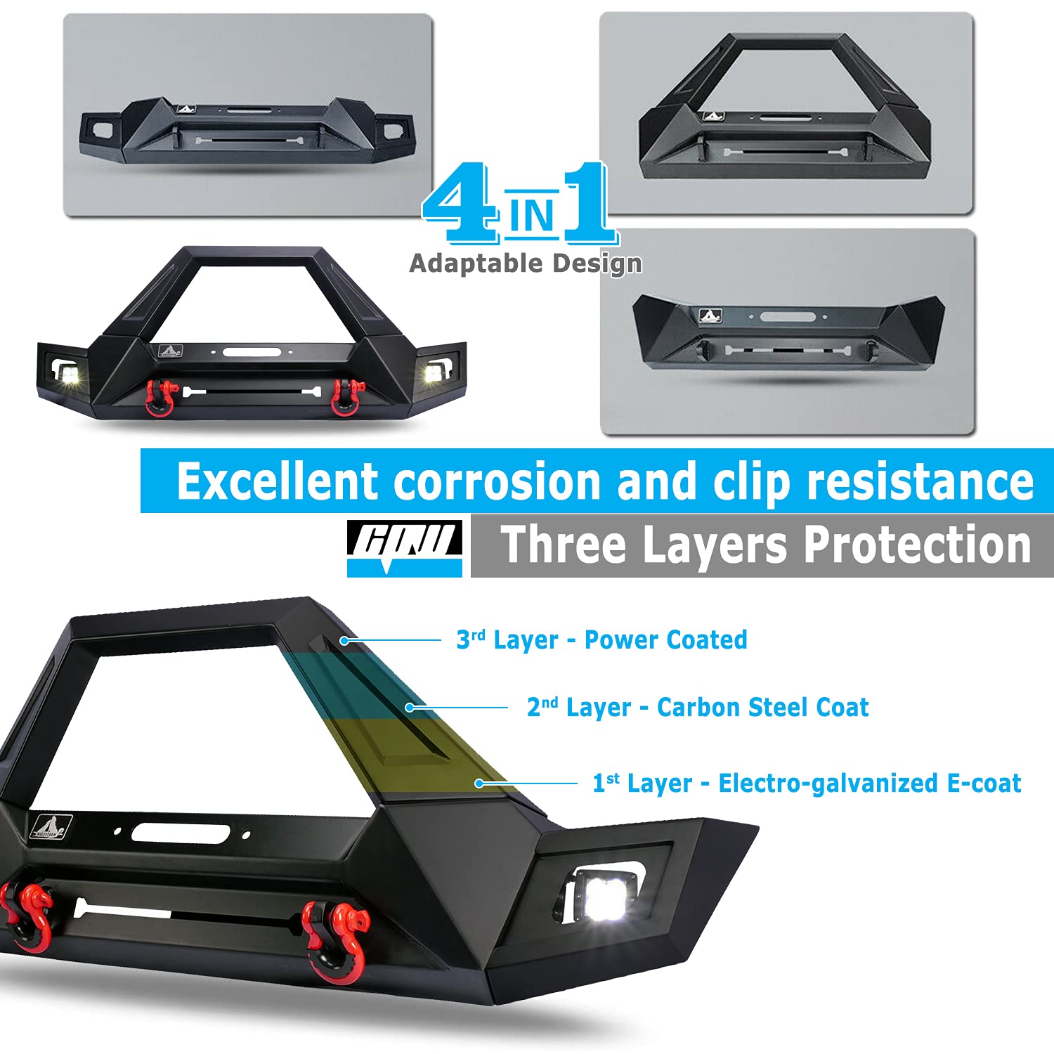 Heavy Duty Steel Front Bumper with LED Pod Lights & Shackles - Compatible with 2007-2018 Jeep Wrangler JK, 2018-2025 Wrangler JL & 2019-2025 Jeep Gladiator JT - Perfect for Off-Road Adventures, Rock Crawling & Overlanding