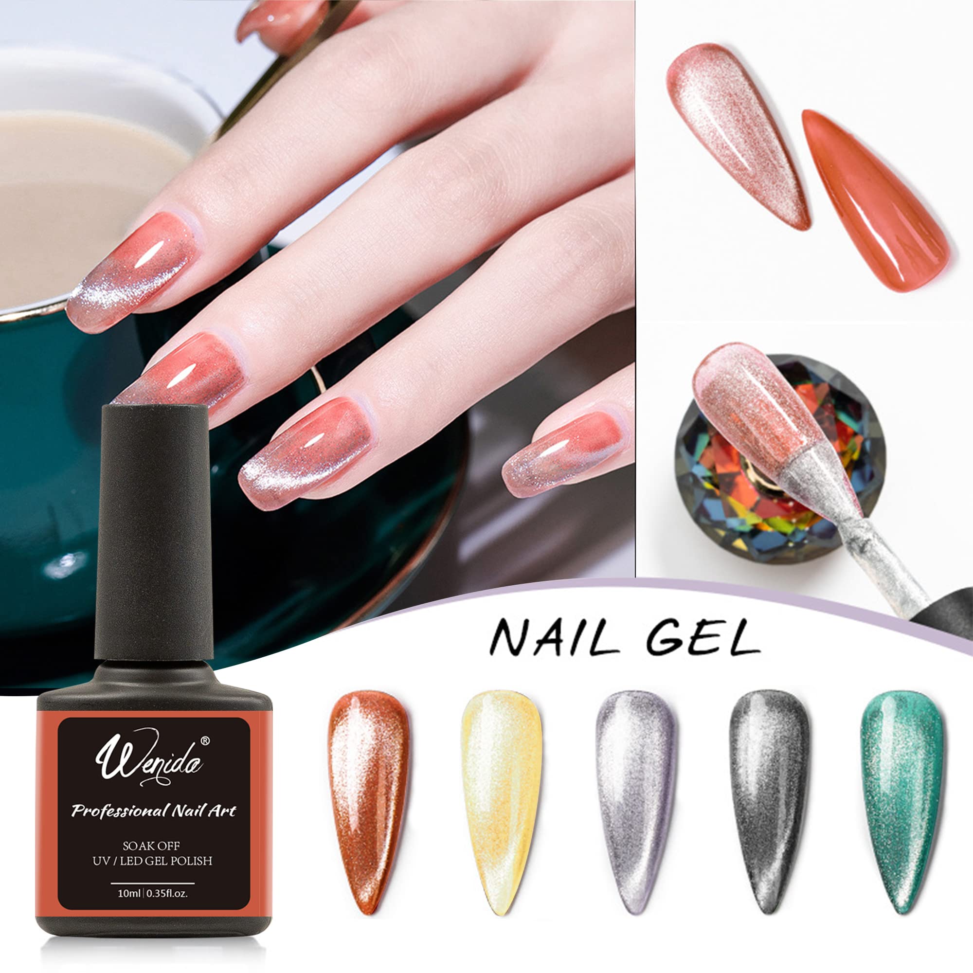 Wenida Cat Eye Holographic Magnetic Gel Nail Polish Set - 5 Jelly Colors with UV/LED Soak Off, Silver Glitter Nail Varnish Kit for DIY Manicure | Includes Magnet Stick for Salon-Quality Nails at Home | Perfect for Parties, Weddings & Special Occasions