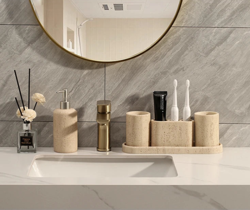 Natural Travertine Cave Stone Bathroom Accessories Set - Soap Dispenser, Toothbrush Holder & Tumbler - Spa Style Home Decor for Modern Bathrooms, Luxury Hotel Style Upgrade