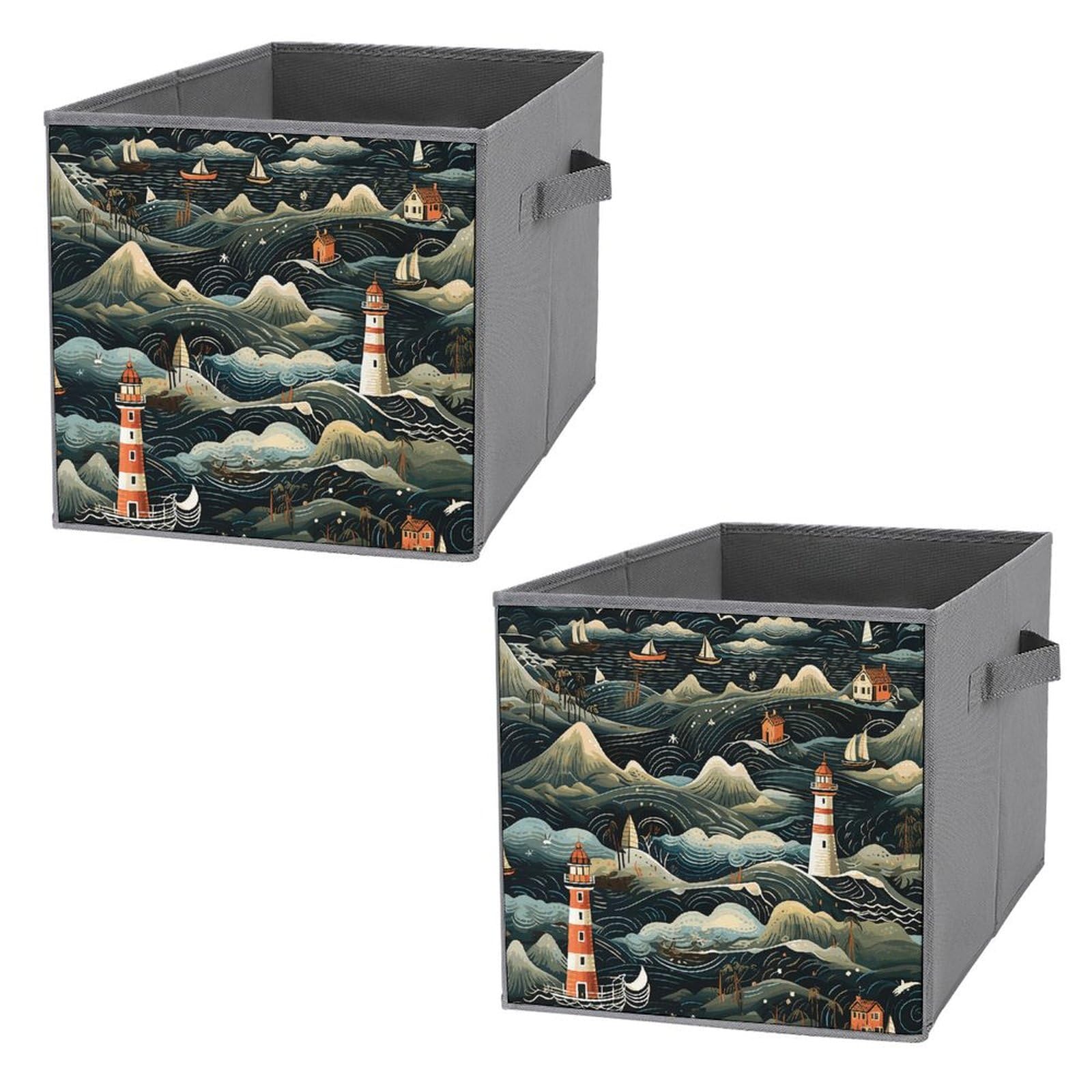 2-Pack Collapsible Storage Bins with Handles - Black Lighthouse Printed Foldable Storage Boxes for Home Organization, Shelves, Closet & Pantry | Space-Saving Household Storage Solutions for Toys, Blankets & Seasonal Items