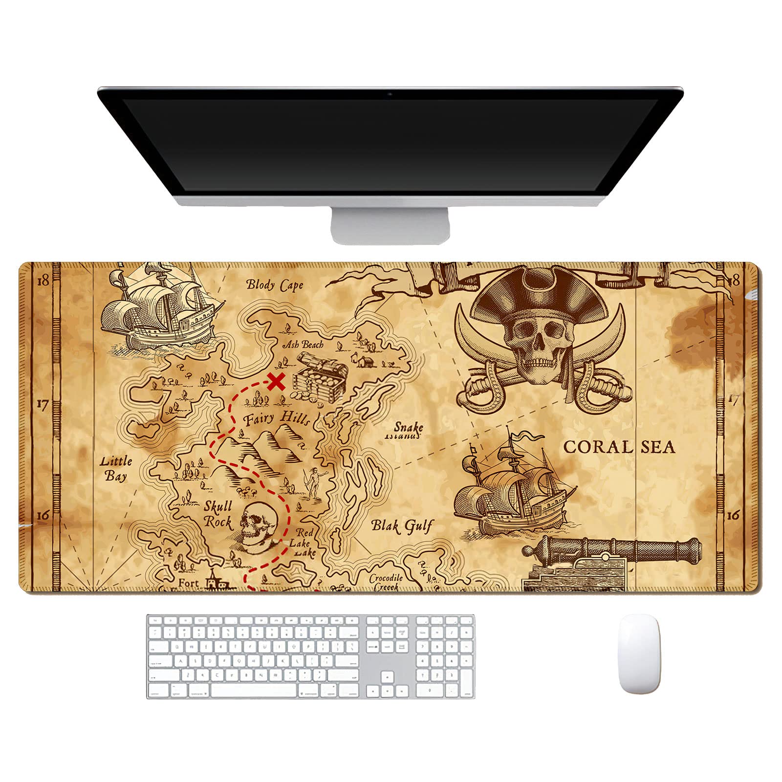 Skull Pirate Map Gaming Mouse Pad - Extra Large 31.5×11.8 Inch Non-Slip Rubber Base Desk Mat with Stitched Edges for PC, Laptop, Office & Home Use - Perfect for Gamers, Professionals & Students