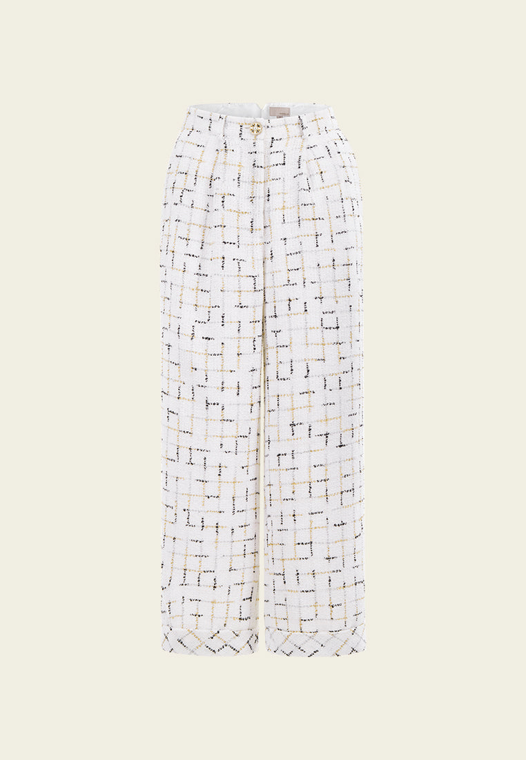 Stylish Prestige White Check Tweed Wide Leg Pants for Women - Comfortable High Waist Trousers for Office, Party & Casual Wear