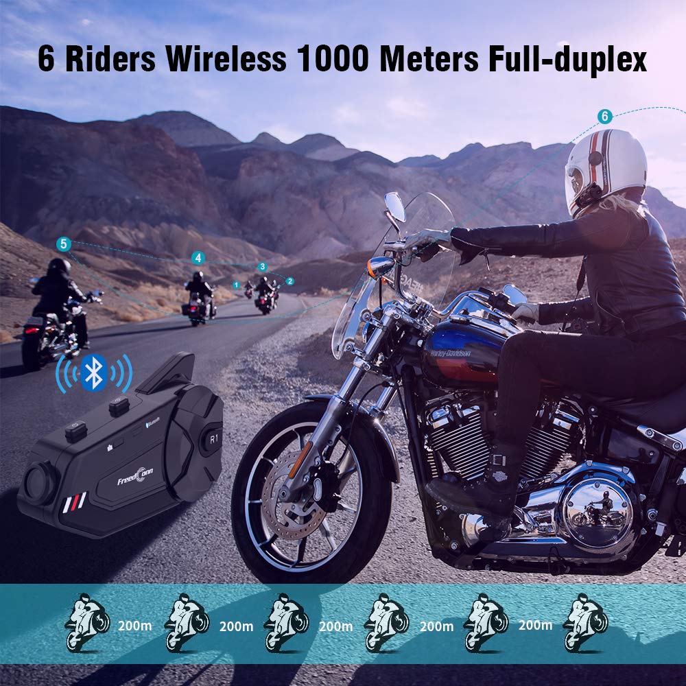 FreedConn R1plus Bluetooth Motorcycle Helmet Headset with Camera - 1000M Range, 6-Way Intercom, Waterproof, FM Radio - Wireless Communication System for Most Helmets - Perfect for Group Rides, Touring & Adventure Motorcycling