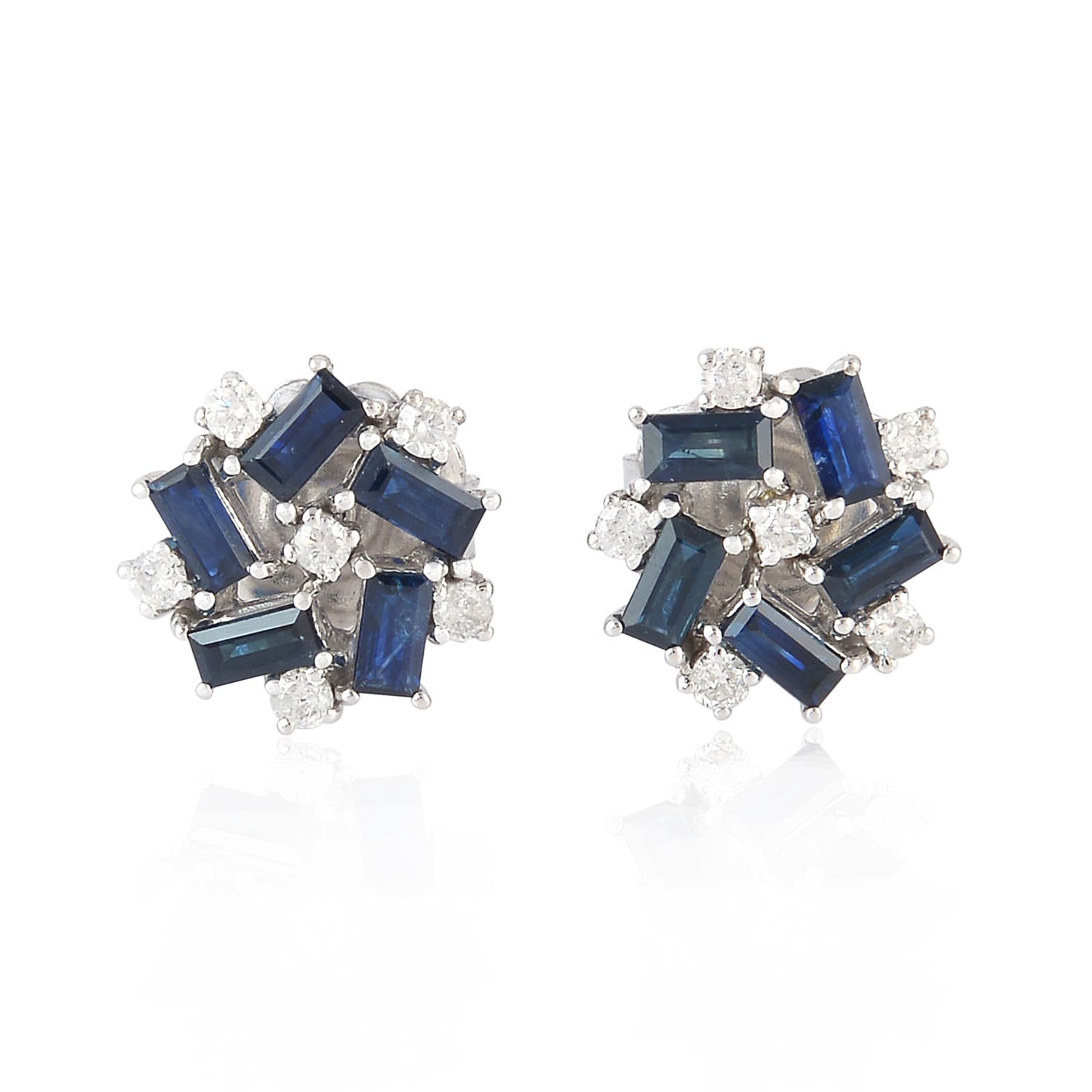 Blue Sapphire Baguette Pave Diamond Floral Stud Earrings in 14K White Gold – Elegant Wedding, Party & Evening Wear Jewelry