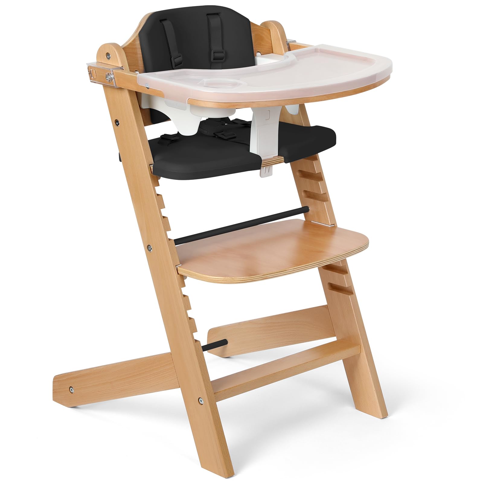 Cowiewie Natural Wooden High Chair for Babies & Toddlers - 3-Tier Removable Tray, 8 Adjustable Heights with Cushions, Easy to Clean Baby Feeding Chair (Black) | Perfect for Dining, Weaning & Playtime