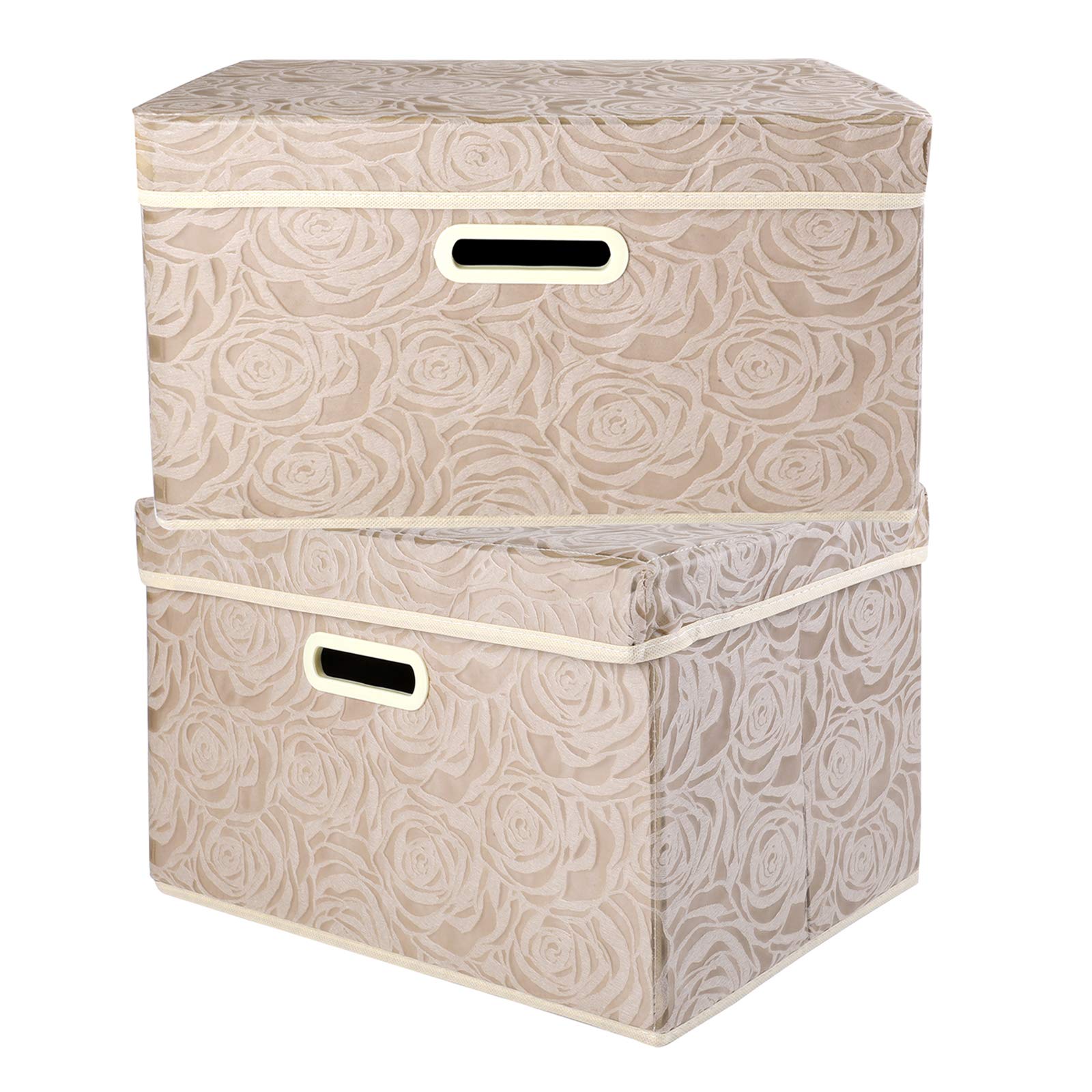 Lucky Monet 2-Pack Large Foldable Fabric Storage Bins with Lids & Handles - Rose Pattern Organizer Cubes, 14.9