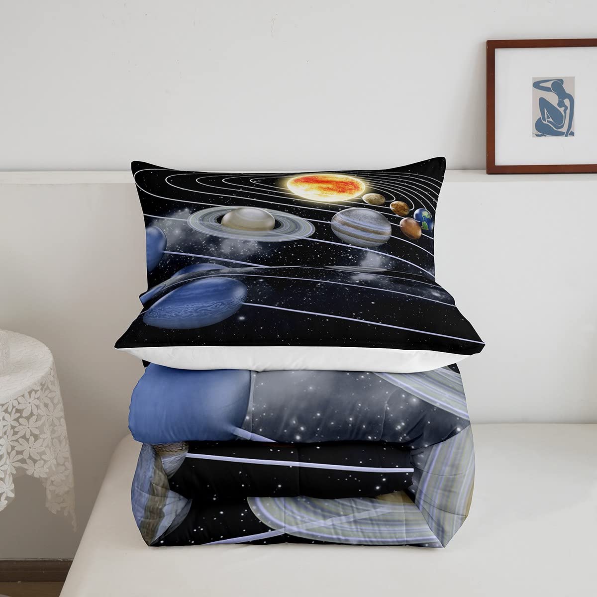 Erosebridal Galaxy Print Queen Size Down Comforter Set - Space Theme Quilted Duvet with 2 Pillowcases for Adults & Teens | Solar System Bedding for Cozy Nights & Starry Sky Decor
