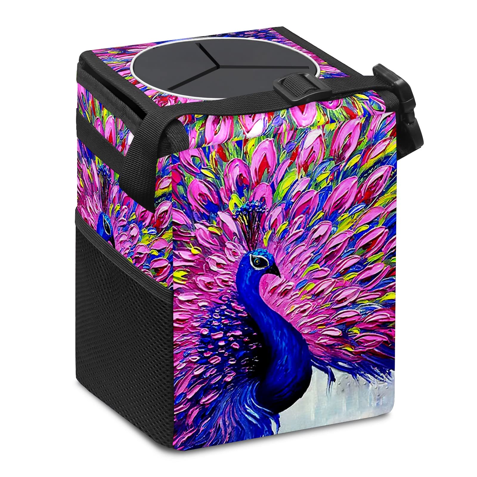 Collapsible Reusable Waterproof Car Trash Can with Lid - Peacock Design Auto Garbage Bin for Car, Truck & SUV Interior Organization | Perfect for Road Trips, Commuting & Family Travel