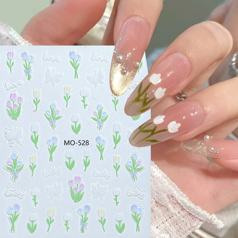 3D Spring Tulip Embossed Flower Jelly Nail Stickers - Set of 3 Designs (MO-527/528/529) for Gel Polish Manicure & Nail Art Decoration - Perfect for Spring Parties, Weddings and DIY Nail Salon