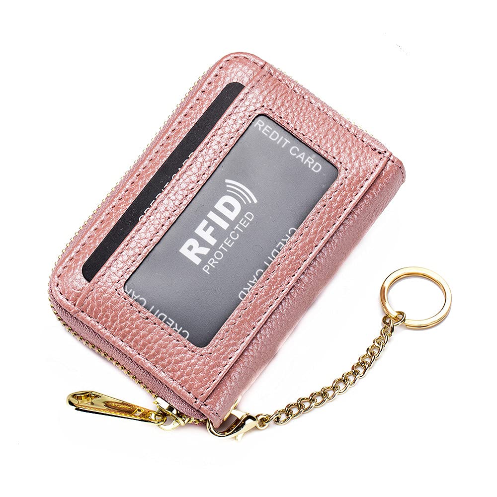 Genuine Leather RFID Blocking Zip Around Wallet - First Layer Cowhide Organizer with Card Holder, Coin Pocket & Keychain - Men & Women Clutch Bag (Pink) | Perfect for Travel, Business & Everyday Use