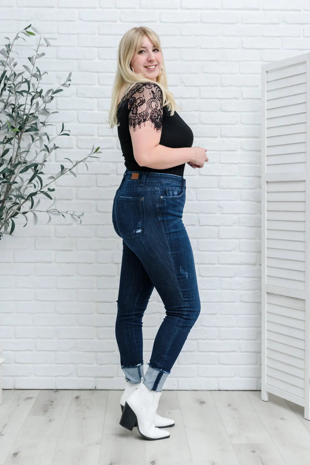 Maeve Mid Rise Dark Wash Cuffed Skinny Jeans for Women - Stretchy Denim Pants, Slim Fit, Comfortable Everyday Wear for Work & Casual Outings