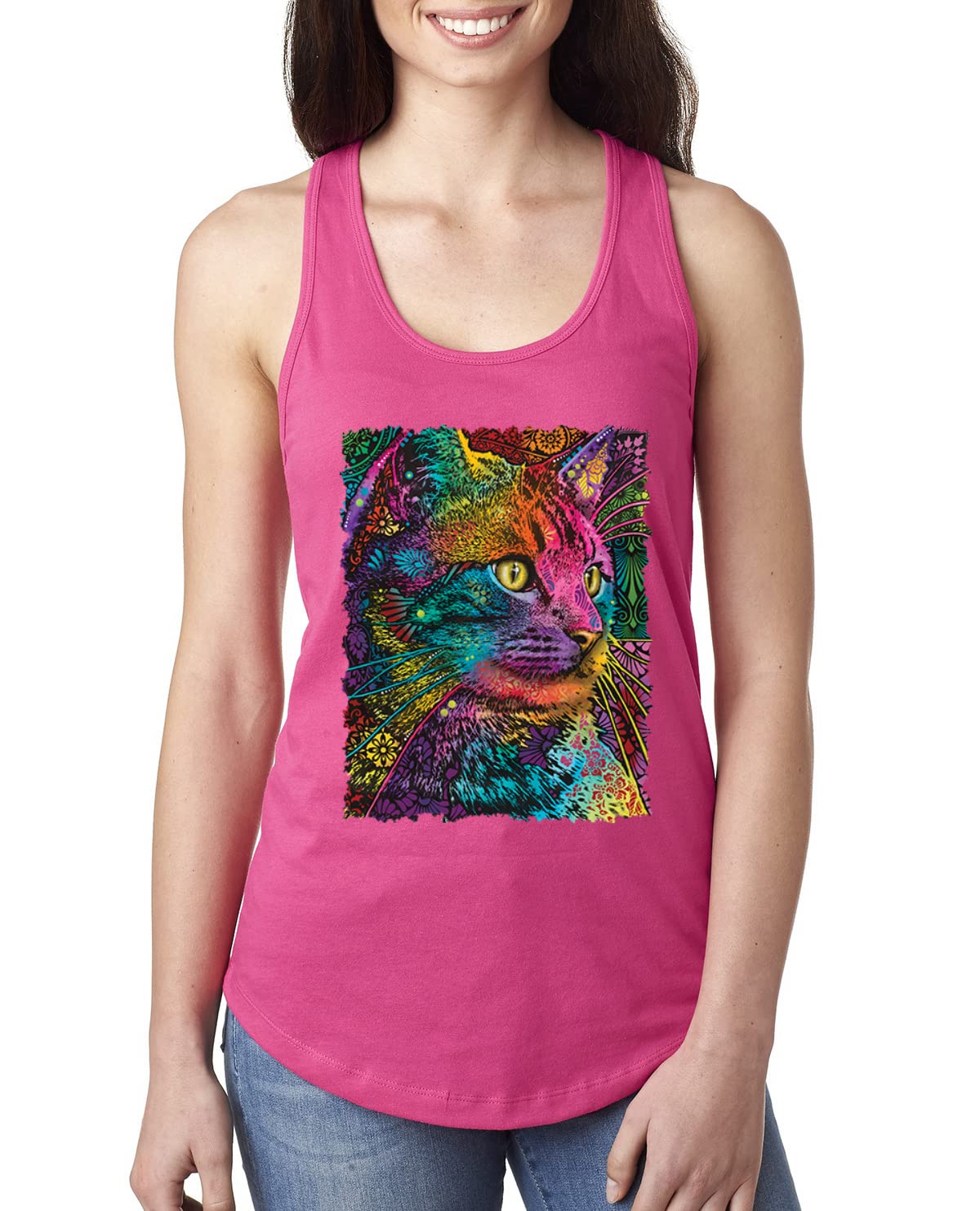 Dean Russo Art Cat Lover Racerback Tank Top - Colorful Cat Portrait for Women | Perfect Gift for Cat Owners | Casual Wear & Cat-Themed Events