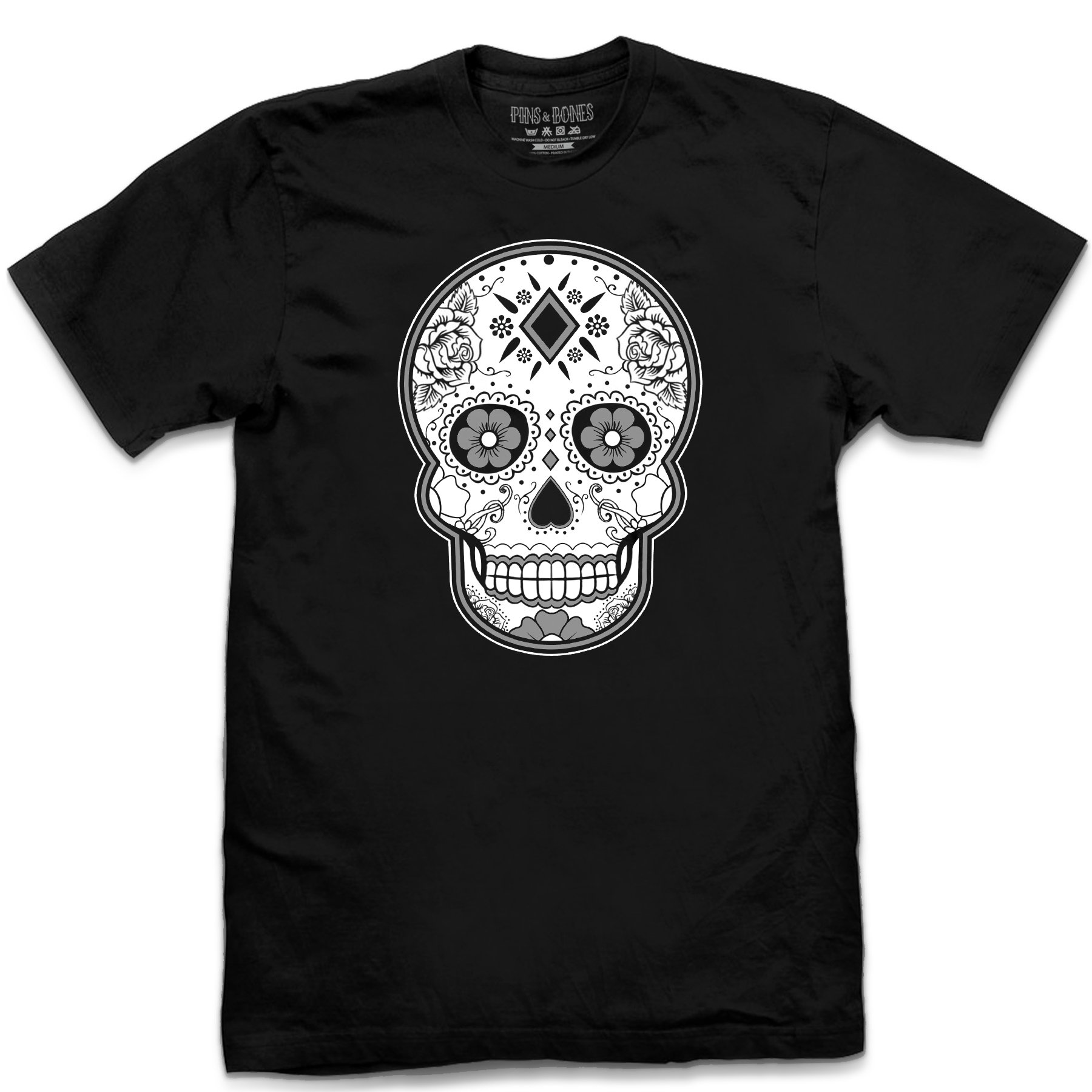 Pins & Bones Sugar Skull Dia De Los Muertos Black and Grey Cotton T-Shirt | Mexican Day of The Dead Graphic Tee | Halloween, Cosplay & Festival Wear