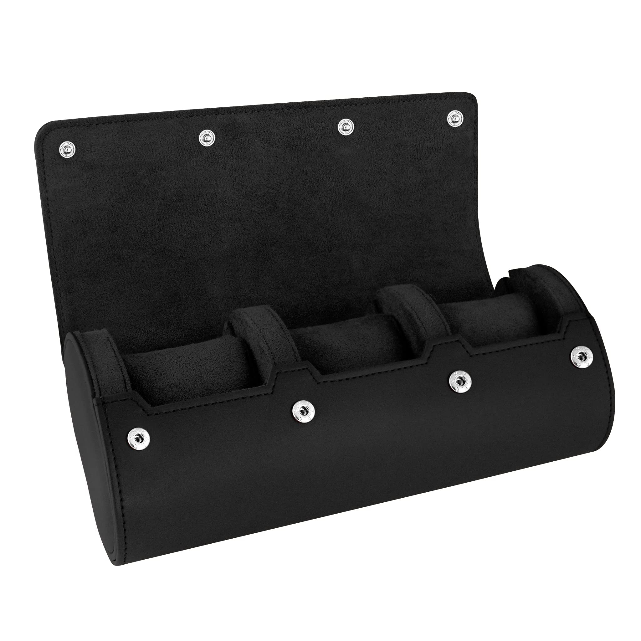 BARTON WATCH BANDS Men's Black Leather Watch Roll Case - Premium 3-Watch Travel Organizer for Storage & Protection | Perfect for Business Trips, Vacations & Home Display | Durable Watch Accessory Collection Case