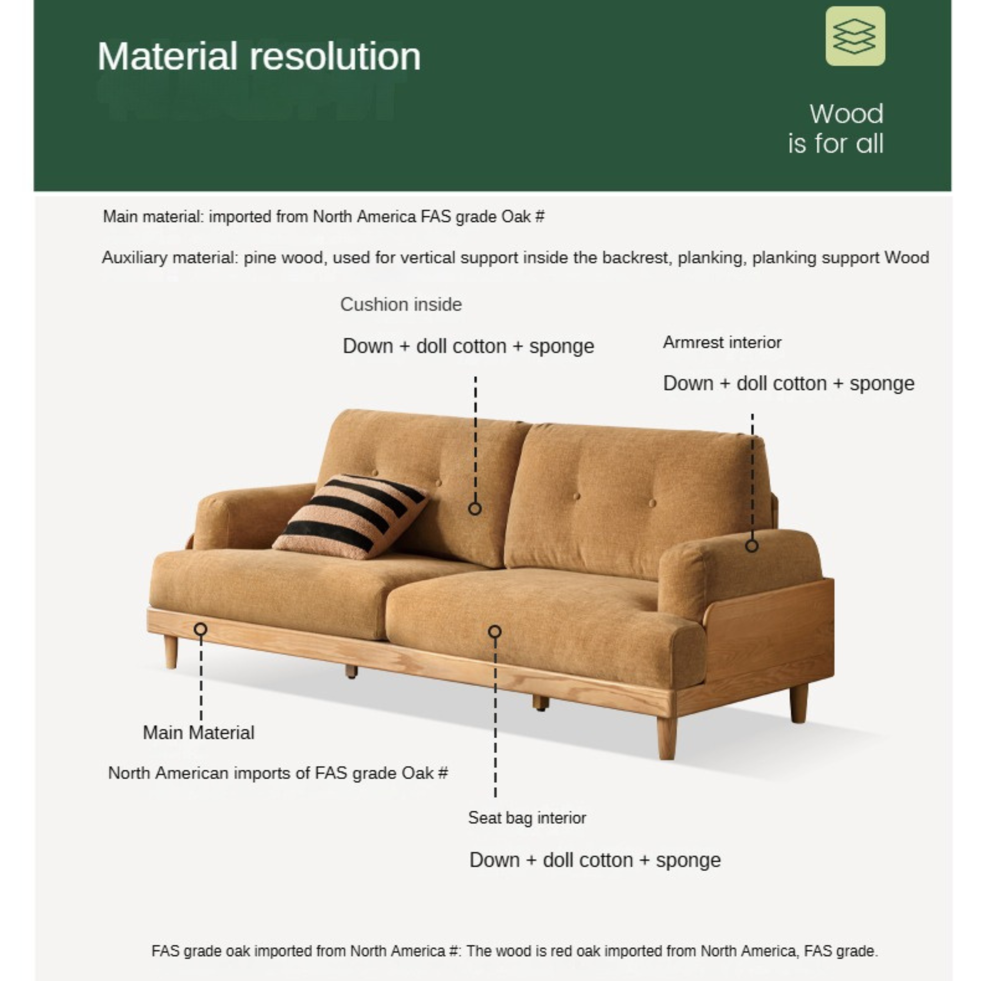 Premium Oak Solid Wood High Back Sofa with Genuine Leather & Fabric Upholstery - Modern Living Room Furniture for Home & Office Comfort