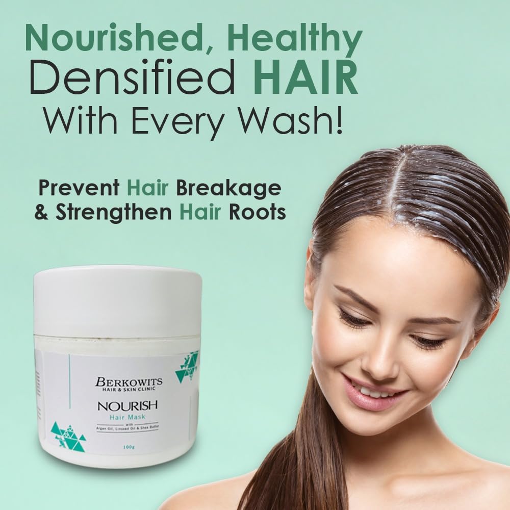 Berkowits Hair & Skin Clinic Nourishing Hair Mask with Argan Oil, Linseed Oil & Shea Butter - Deep Conditioning Treatment for Dry, Damaged Hair - 100g for Men & Women | Perfect for Salon-Quality Hair Care at Home