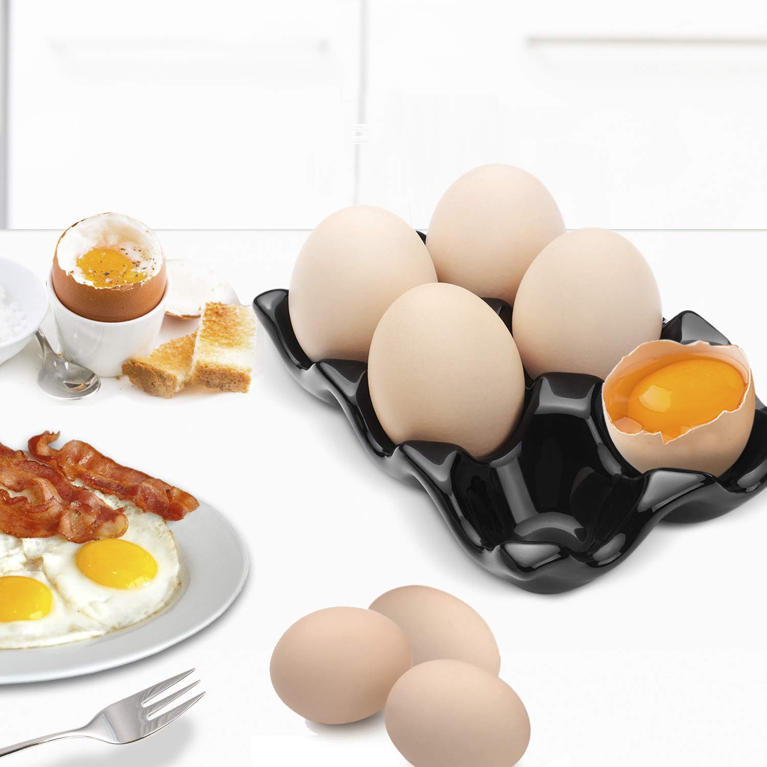 Flexzion 6-Egg Capacity Ceramic Egg Holder - Black Porcelain Egg Crate for Refrigerator & Countertop Display - Decorative Serving Dish & Kitchen Storage Organizer (2 Pack) - Perfect for Breakfast Buffets, Brunch Parties & Farmhouse Style Kitchens
