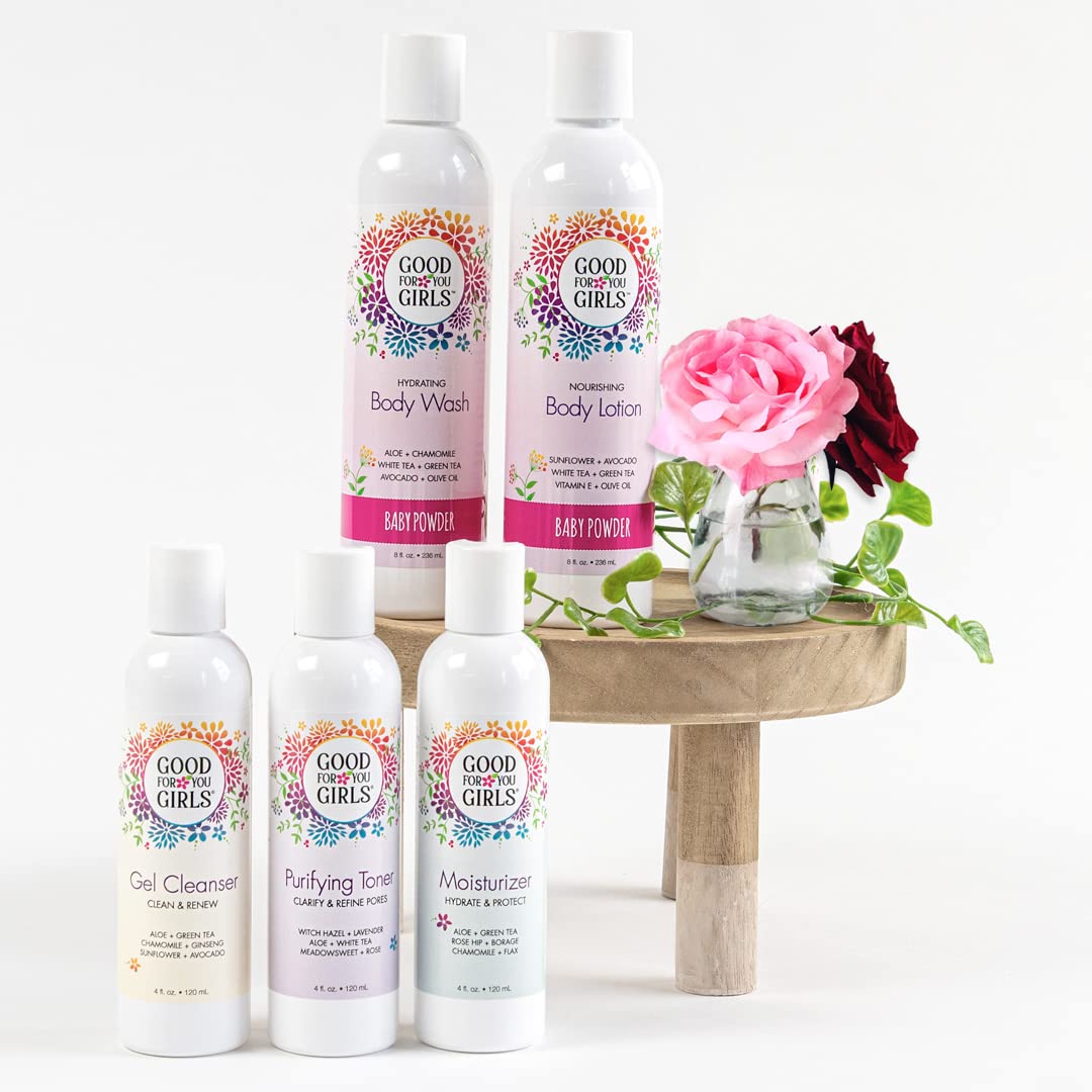 Good For You Girls Face & Body Skincare Gift Set - 5 Piece Kit with Gel Cleanser, Purifying Toner, Moisturizer, Body Wash & Lotion (Soft Powder Scent) - Perfect for Teens, Travel & Daily Skincare Routine