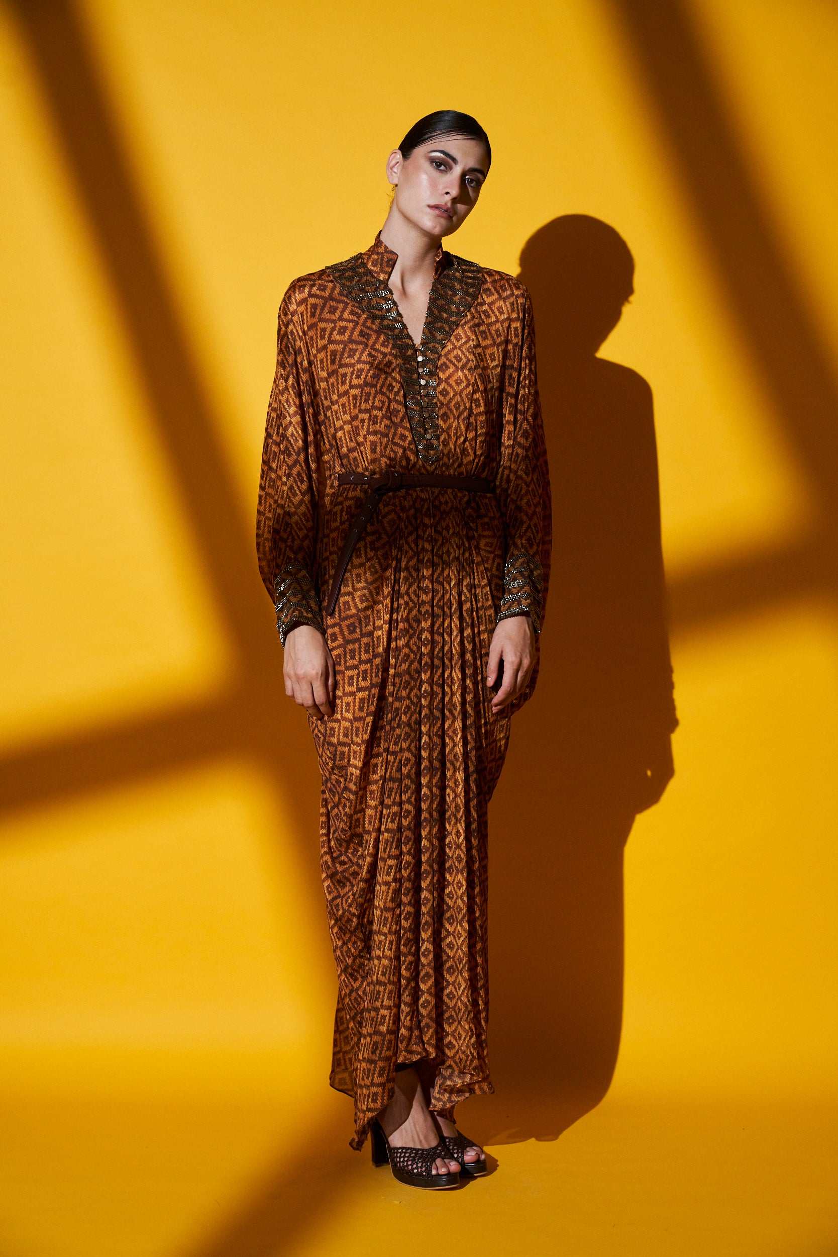Archana Puran Singh Beige Brown Basket Weave Print Pleated Maxi Dress with Embroidered Belt - Elegant Boho Chic Dress for Summer Parties, Weddings & Beach Vacations