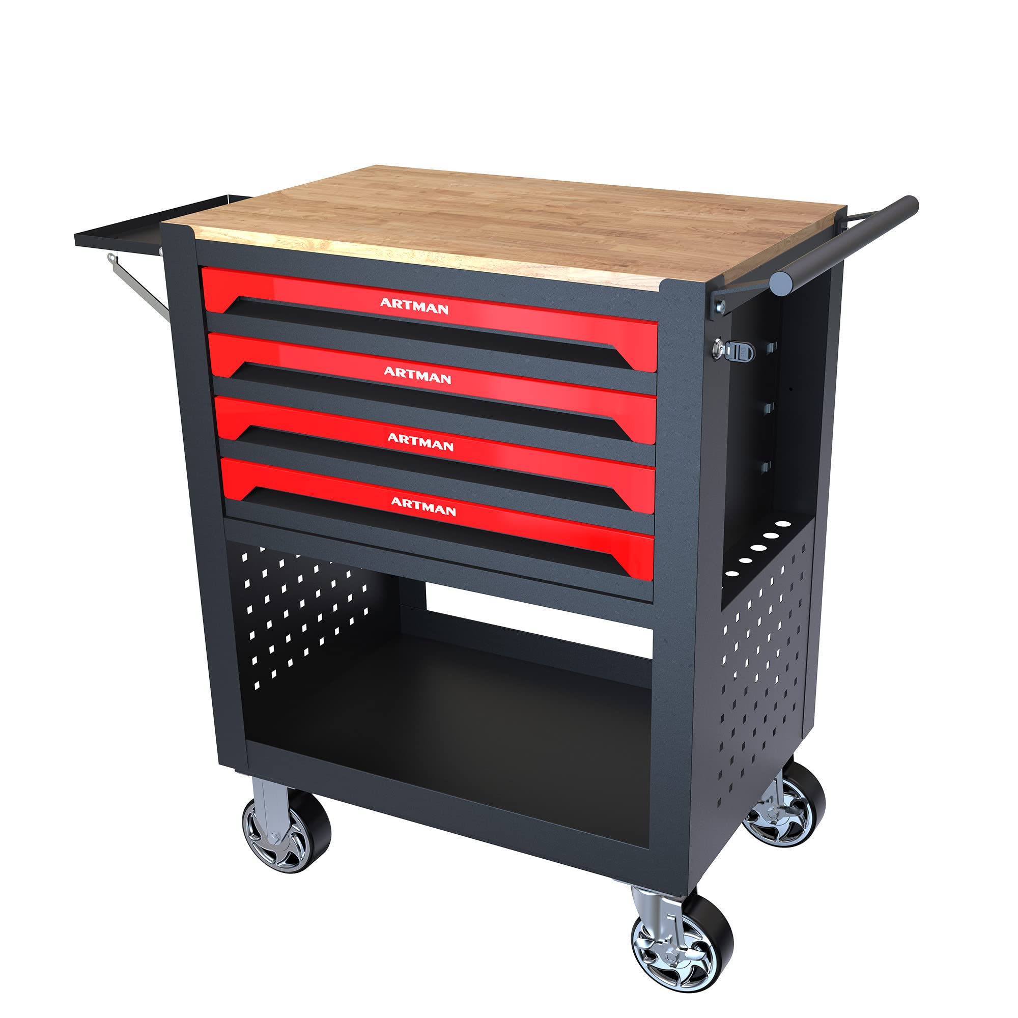 Pouseayar 4-Drawer Rolling Tool Cart with Lockable Drawers & Wooden Top - Heavy Duty Mobile Tool Storage Organizer for Garage, Workshop, Warehouse | Perfect for Mechanics, DIY Projects & Home Repairs