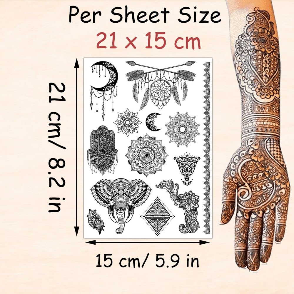 Dreamcatcher & Mandala Temporary Tattoos for Women - 2 Sheets Black Body Art Stickers (21x15cm) with Elephant, Tribal & Hamsa Designs - Perfect for Festivals, Parties & Boho Style