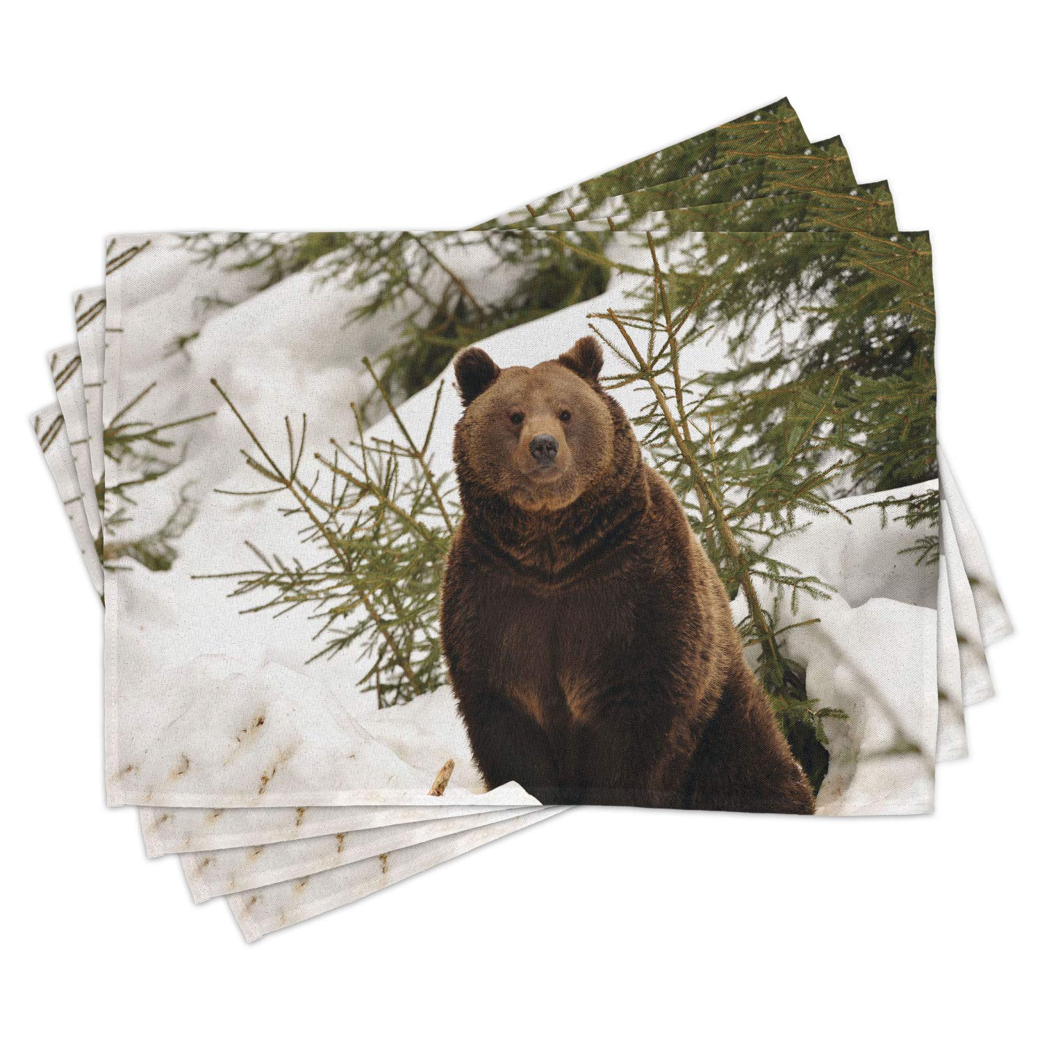 Lunarable Nature Place Mats Set of 4 - Wild Grizzly Bear in Snowy Winter Forest Design, Washable Fabric Table Mats for Dining Room, Standard Size Dark Brown - Perfect for Holiday Dinners, Cabin Decor & Wildlife Themed Parties