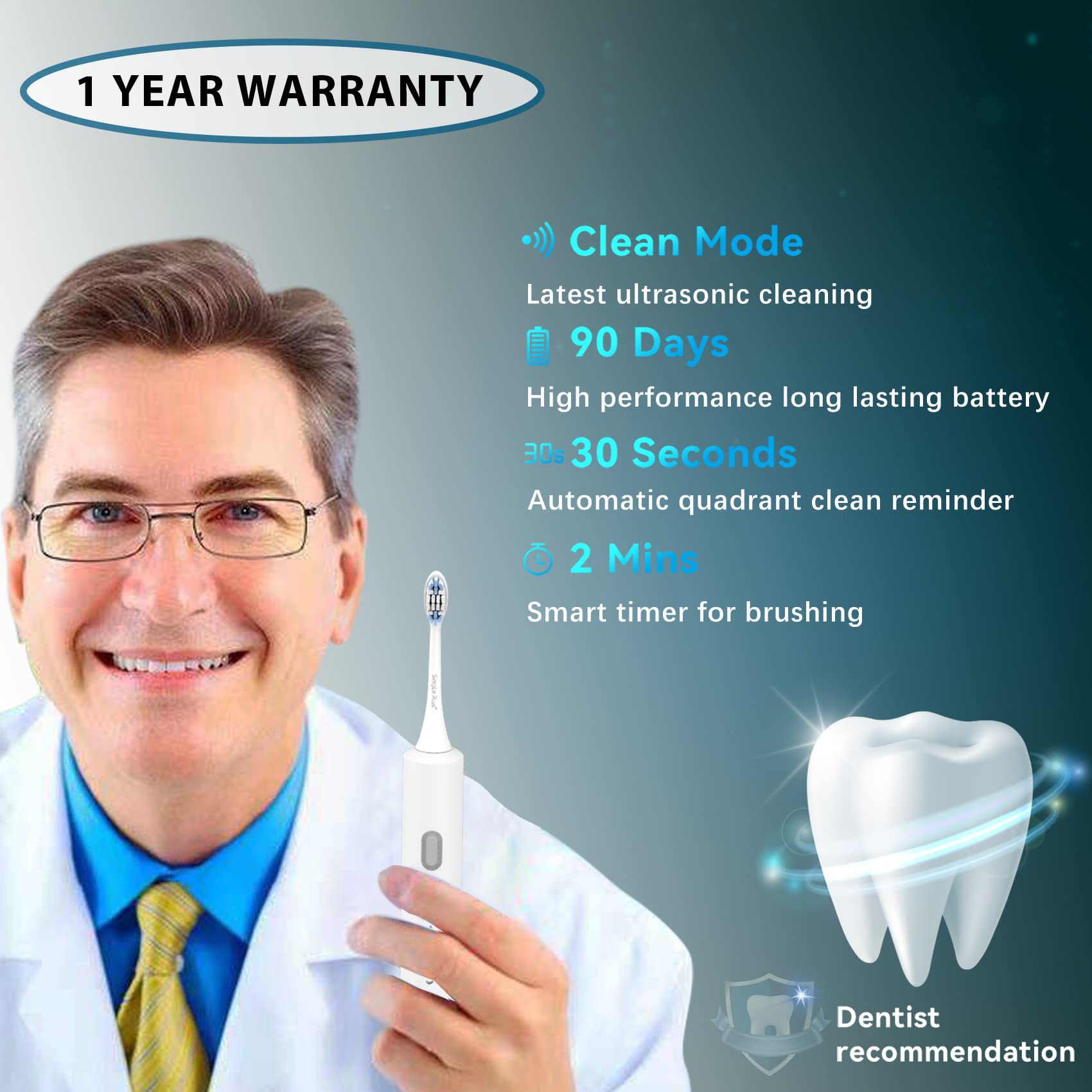 **Long Fit Electric Toothbrush for Adults – Ultrasonic 37,000 VPM, 5 Replacement Heads, 90-Day Battery Life, Sensitive & Massage Modes – Perfect for Travel, Home, and Sensitive Teeth Care**