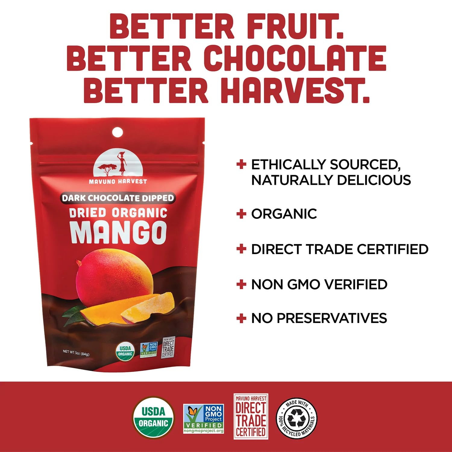 Organic Dark Chocolate Covered Mango Slices - Fair Trade, Vegan, Non-GMO, No Preservatives - Healthy Snack for Weight Loss, Office, Travel & Gifts - 6 Pack (3oz Each) | Mavuno Harvest