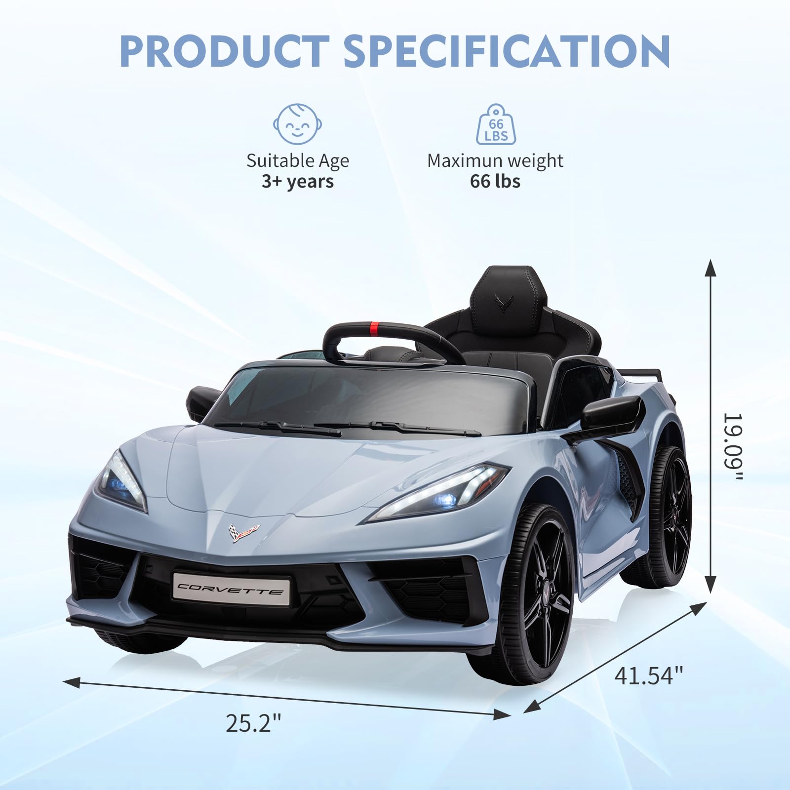 12V Licensed Corvette Kids Ride On Car - Battery Powered Electric Toy Car with Remote Control, LED Lights, Music & Visual Dashboard - Perfect Gift for Boys & Girls (Light Blue) | Indoor & Outdoor Play, Birthday & Holiday Gifts