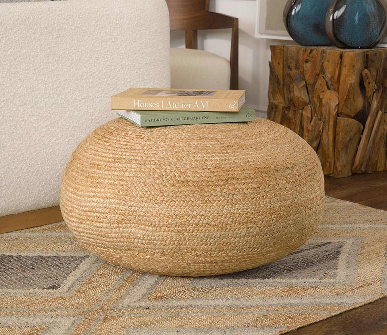 Classic Home Braga Natural Jute Pouf Ottoman - Handmade Round Footstool for Living Room, Bedroom, or Outdoor Seating