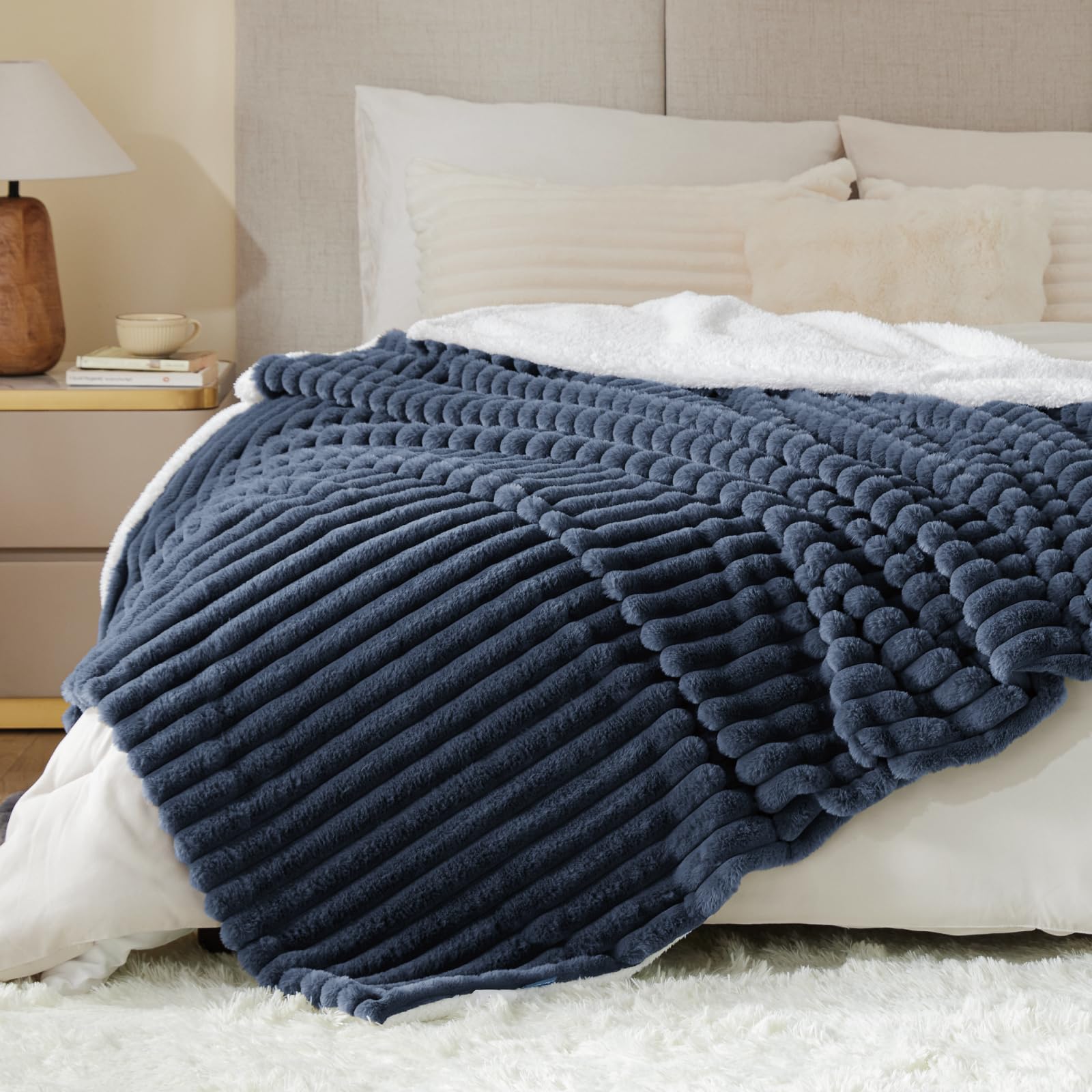 INFIIXSO Sherpa Throw Blanket for Couch - Ultra Soft & Warm Striped Fleece Blanket, Cozy Plush Fluffy Blanket for All Seasons (60x80 Inches, Navy Blue) - Perfect for Sofa, Bed, Office & Travel Use