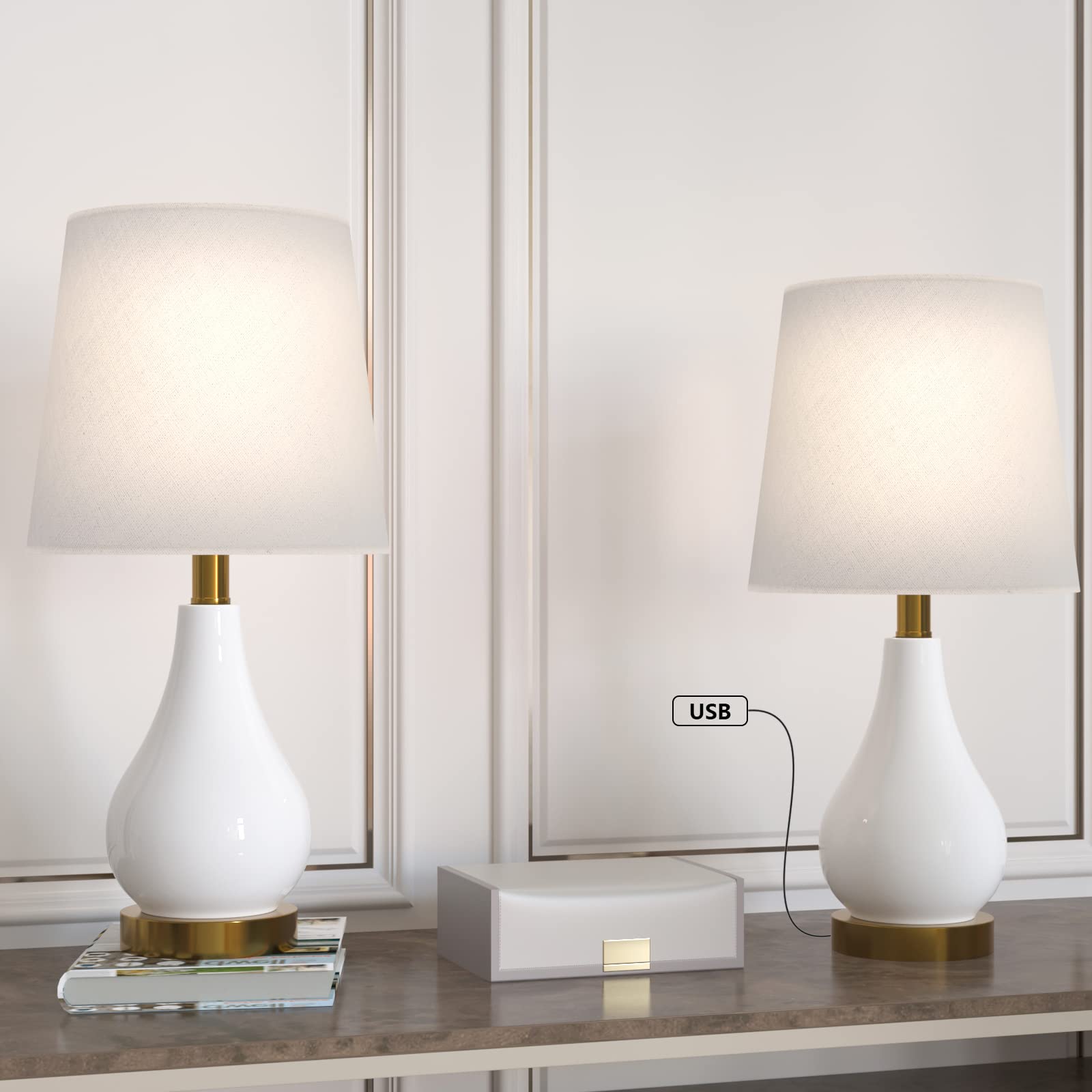 Maxax Set of 2 Modern Ceramic Table Lamps with USB Charging Port & White Drum Fabric Shade - Nightstand Bedside Lamps for Bedroom, Living Room, Study Desk - ETL Certified - Perfect for Reading, Relaxing & Charging Devices