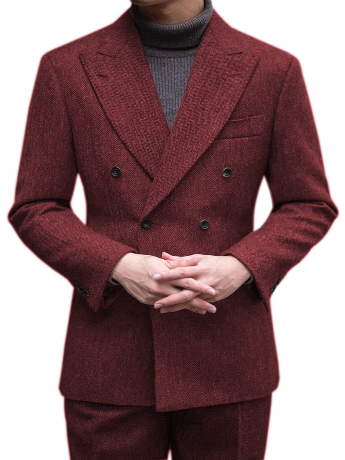 SOLOVEDRESS Men's 2-Piece Wool Suit Set - Classic Herringbone Double Breasted Blazer & Pants for Wedding, Groomsmen, Business & Formal Events