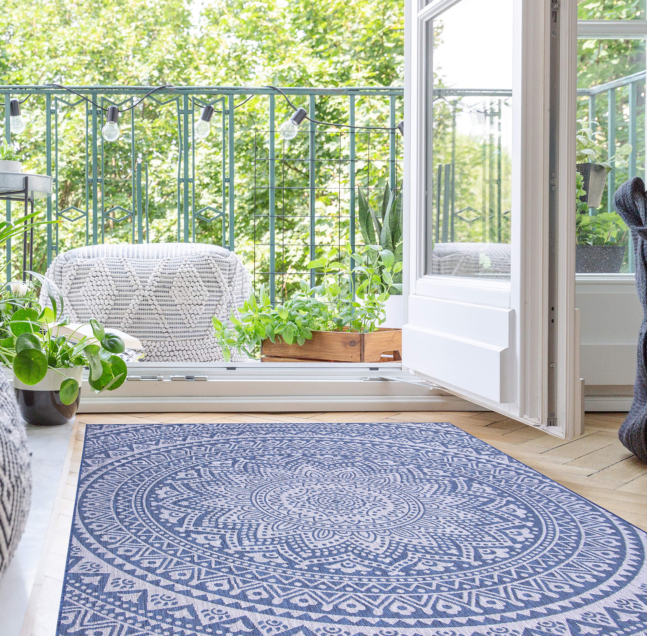 Bohemian Mandala Design Indoor/Outdoor Area Rug - Stain Resistant, Washable & Waterproof - Perfect for Patio, Balcony, Living Room, Kitchen & Bedroom Decor (8'x10', Denim Blue) - Ideal for Yoga Spaces, Meditation Rooms & Boho Chic Home Styling
