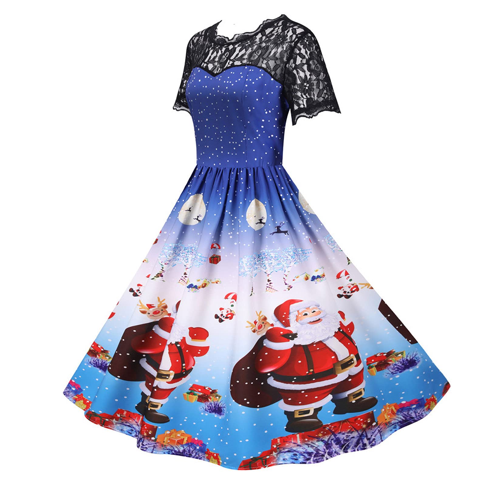 Vintage Christmas Party Dress for Women - Short Sleeve O-Neck Printed Holiday Gown | Christmas Vacation Outfit & Festive Activewear | Perfect for Holiday Parties, Family Gatherings & Christmas Photos