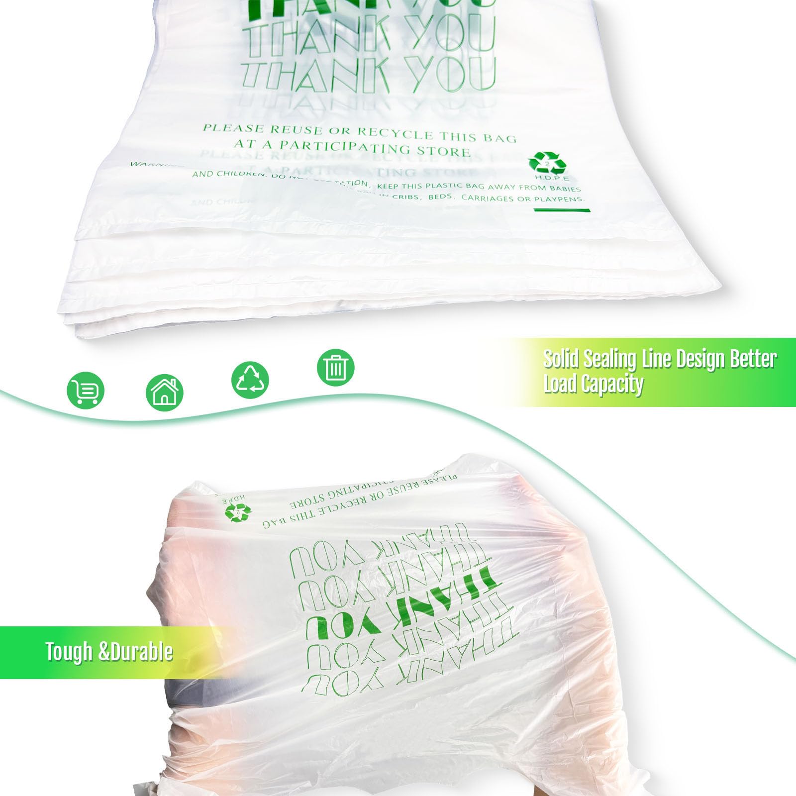 Cheardia Eco-Friendly Thank You T-Shirt Bags - Recyclable Plastic Shopping Bags with Handles for Retail Merchandise | Perfect for Boutiques, Grocery Stores & Gift Packaging