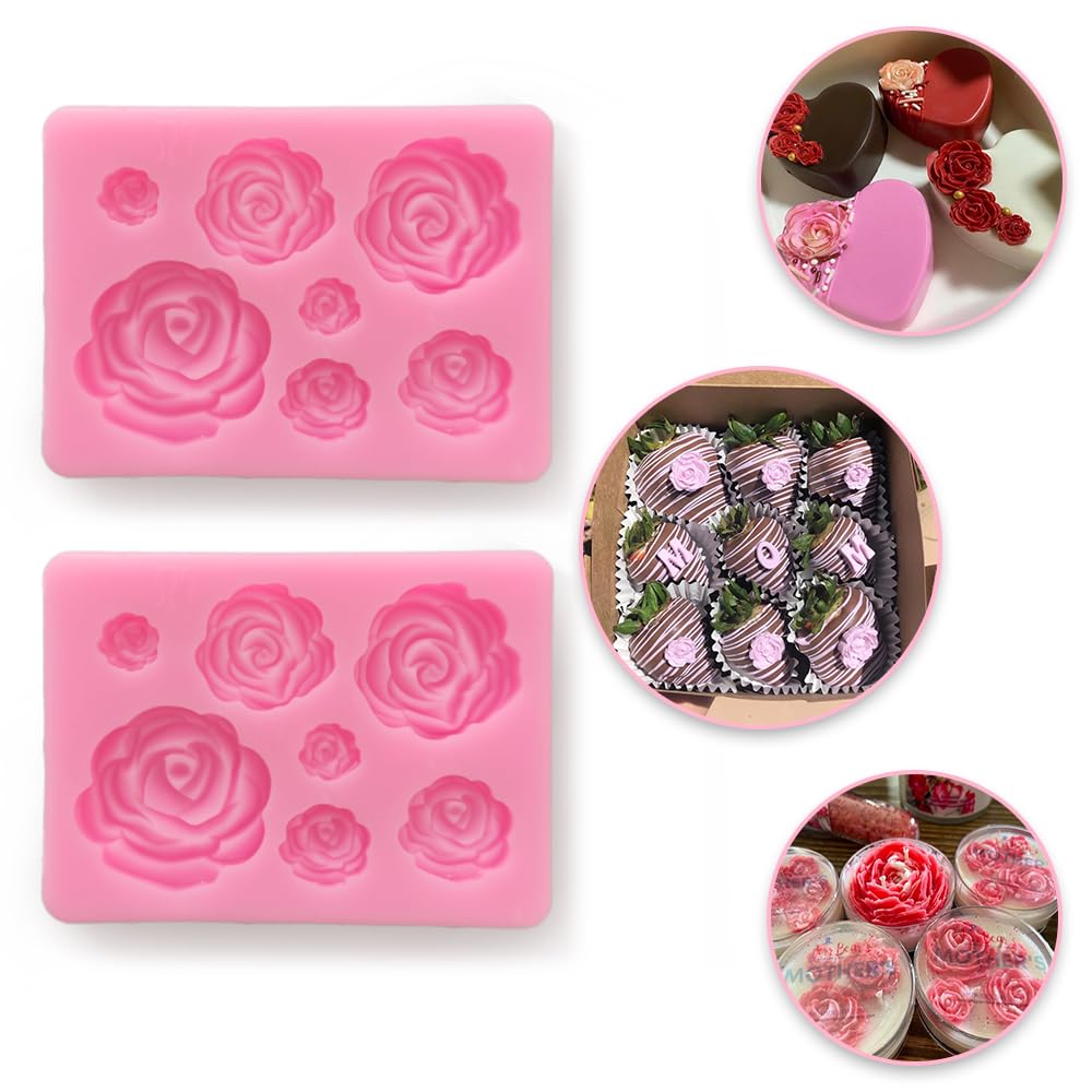 Non-Stick BPA-Free Silicone Rose Mold Set for Baking, Candy, Jelly Pudding, Chocolate & Ice Cubes - 2pcs Wedding Party Decoration & Dessert Making Kit