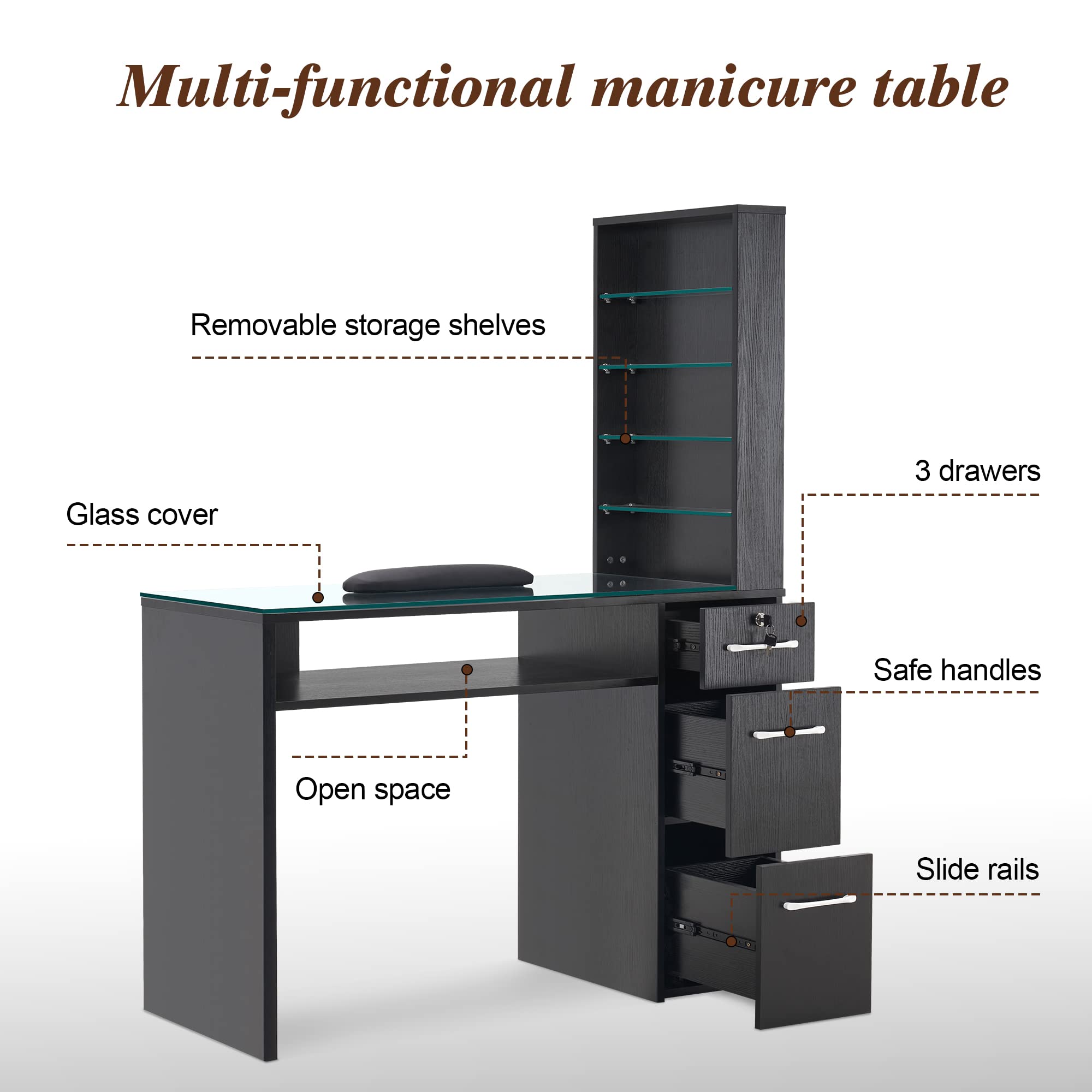 Professional BarberPub Manicure Table with 3 Drawers & Storage Shelves - Black Spa Beauty Salon Station Nail Desk 2673 - Perfect for Nail Salons, Home Studios & Professional Barber Shops