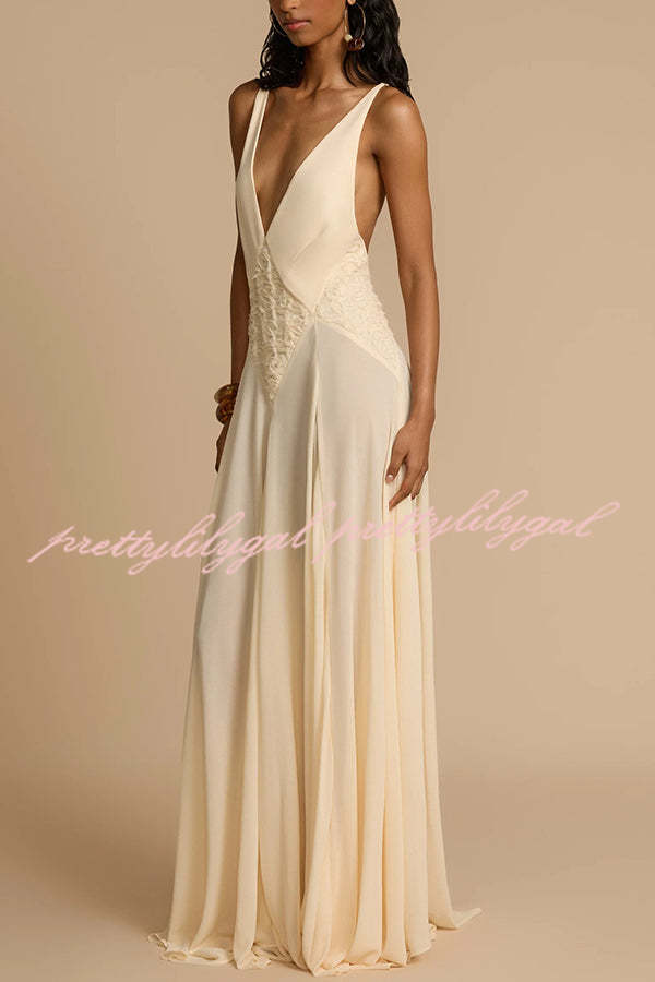 Venus By The Sea Tulle Lace Patchwork Backless Flowy Maxi Dress for Women - Elegant Beach Wedding Guest Dress & Summer Party Gown
