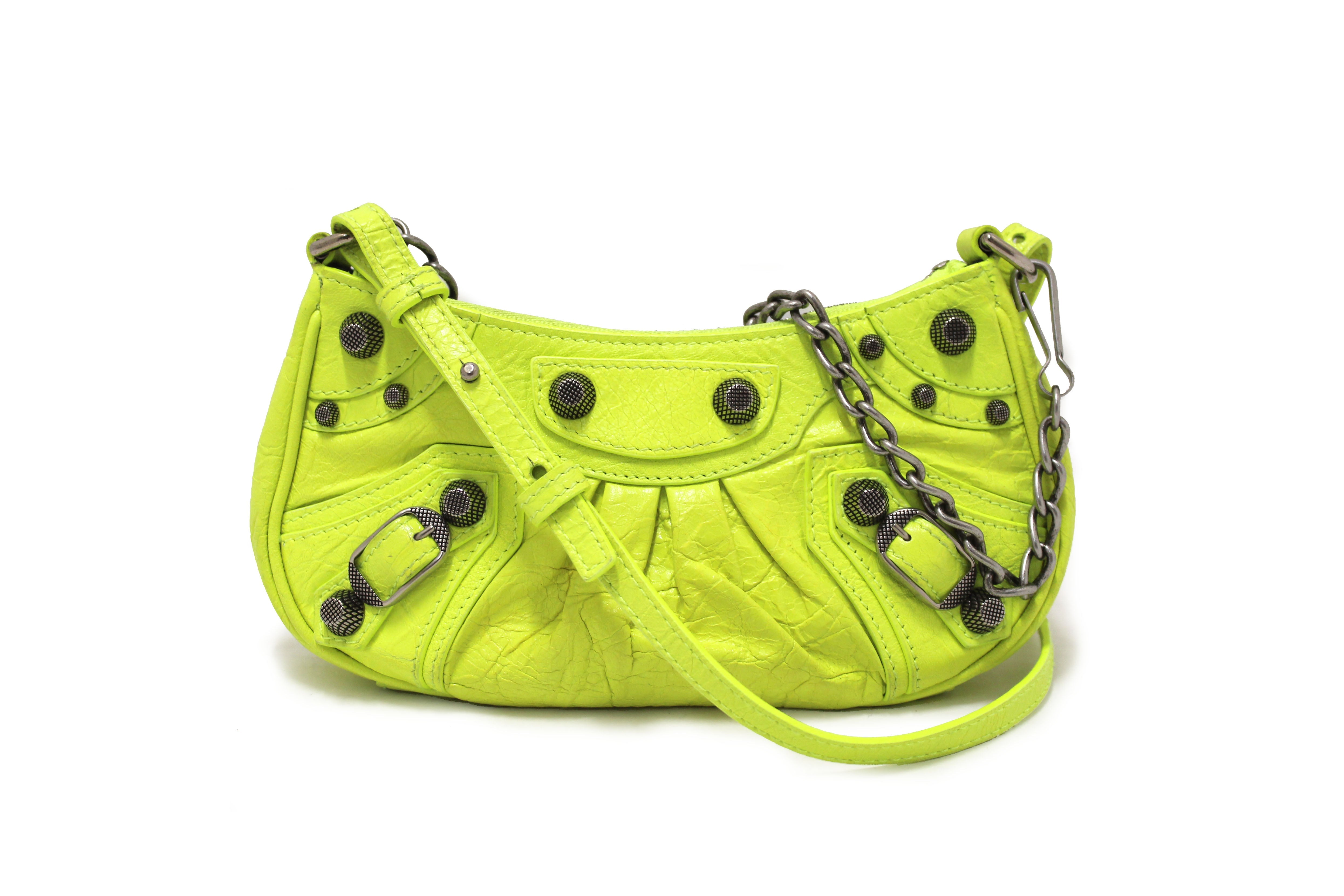 Balenciaga Neon Green Leather Le Cagole Mini Shoulder Bag for Women | Luxury Designer Crossbody Purse | Perfect for Night Out, Party & Fashion Events