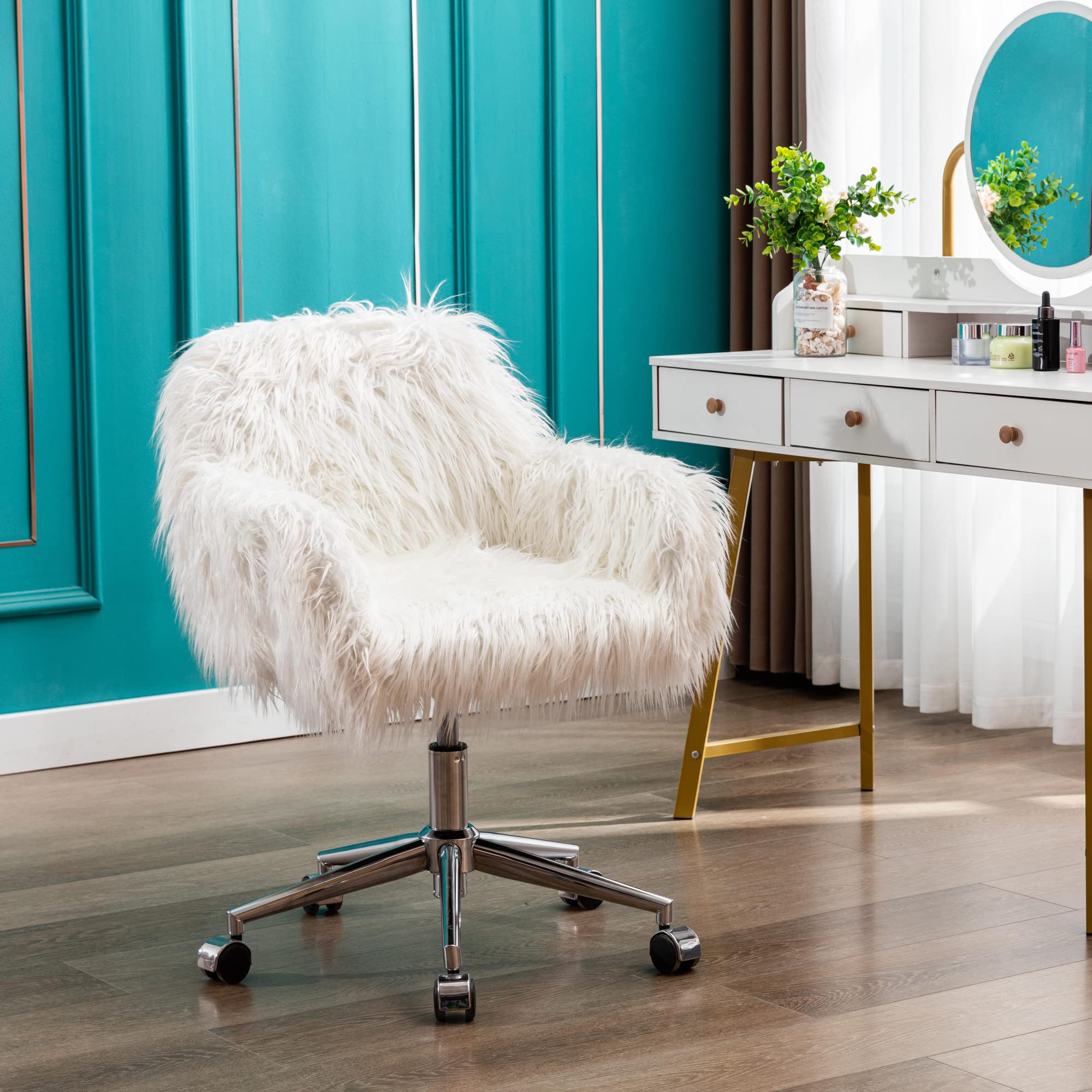 Luxury Faux Fur Vanity Chair with Rolling Wheels & Armrest - Modern Accent Chair for Women, Girls, Home Office, Living Room & Bedroom - Soft Furry Makeup Desk Chair in White (Perfect for Dressing Tables, Home Offices & Cozy Reading Nooks)