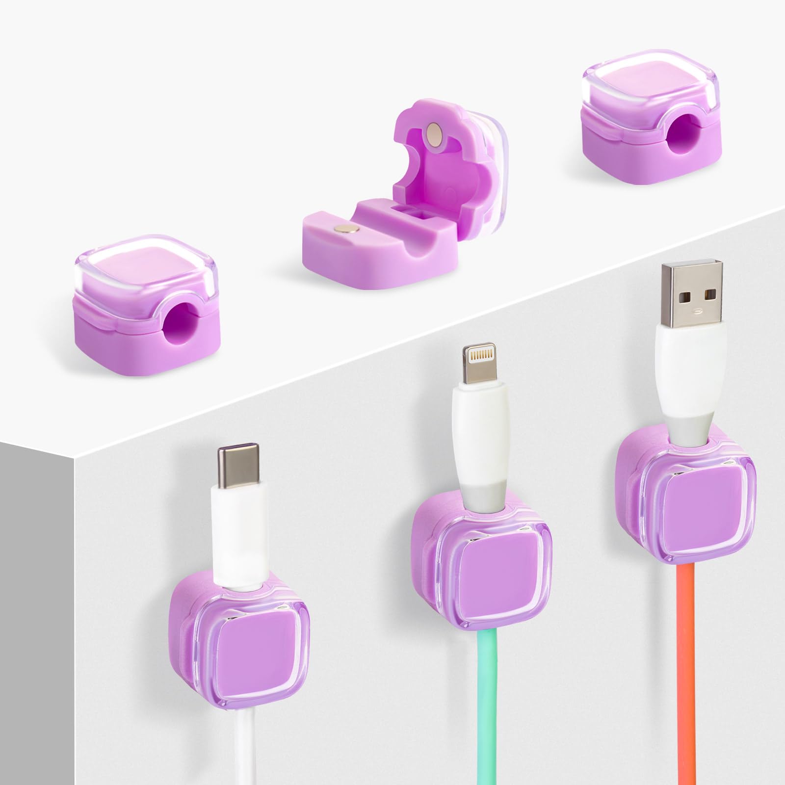 6 Pack Magnetic Cable Clips - Adhesive Cord Organizer for USB/Charging Cables - Home Office Car Wall Desktop Nightstand Kitchen Organization (Purple) - Perfect for Tidy Workspaces & Cable Management