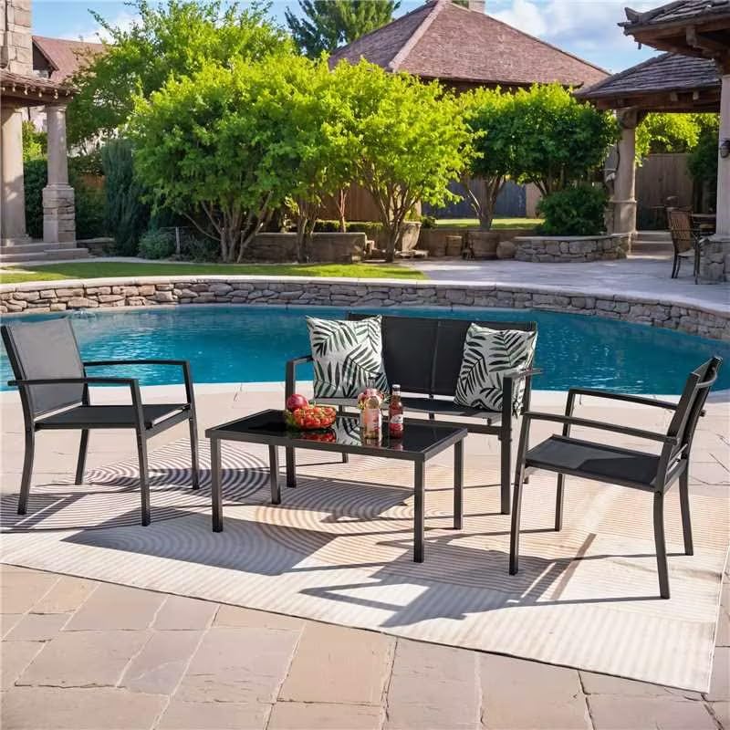 Rankok 4-Piece Modern Outdoor Patio Furniture Set - Textilene Conversation Set with Loveseat & Coffee Table - Black Patio Chairs for Porch, Lawn, Poolside & Balcony - Perfect for Backyard Relaxation & Outdoor Entertaining