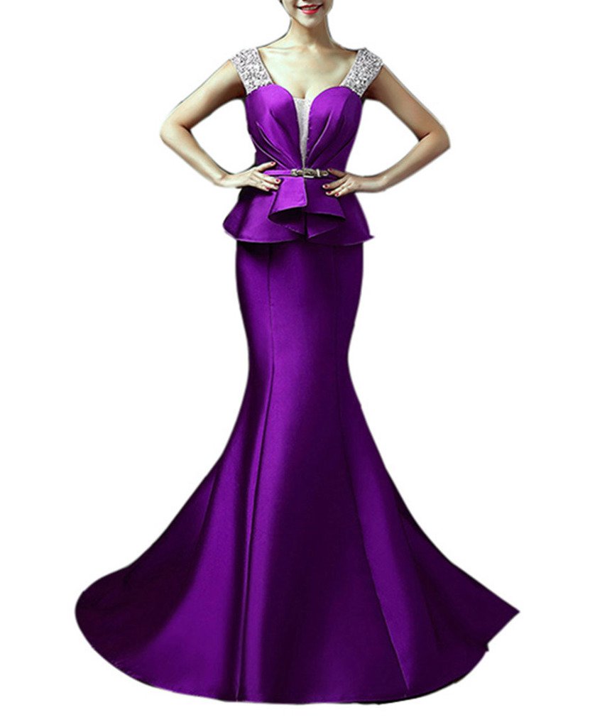 Emanni Women's Long Train Double Shoulder Beaded Formal Evening Gown - Purple Size 28 | Elegant Prom, Wedding Guest & Special Occasion Dress