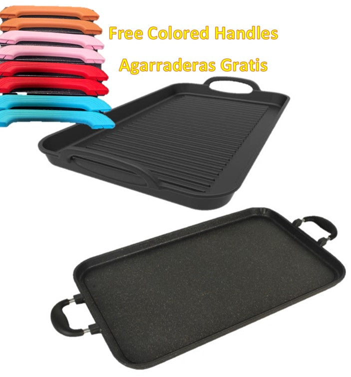 2-Pack Marble Griddle Set - Ribbed & Smooth Double-Sided Grill Pan with Free Colored Handles - Perfect for Gas Stove Cooking, Pancakes, Steaks & Outdoor BBQ