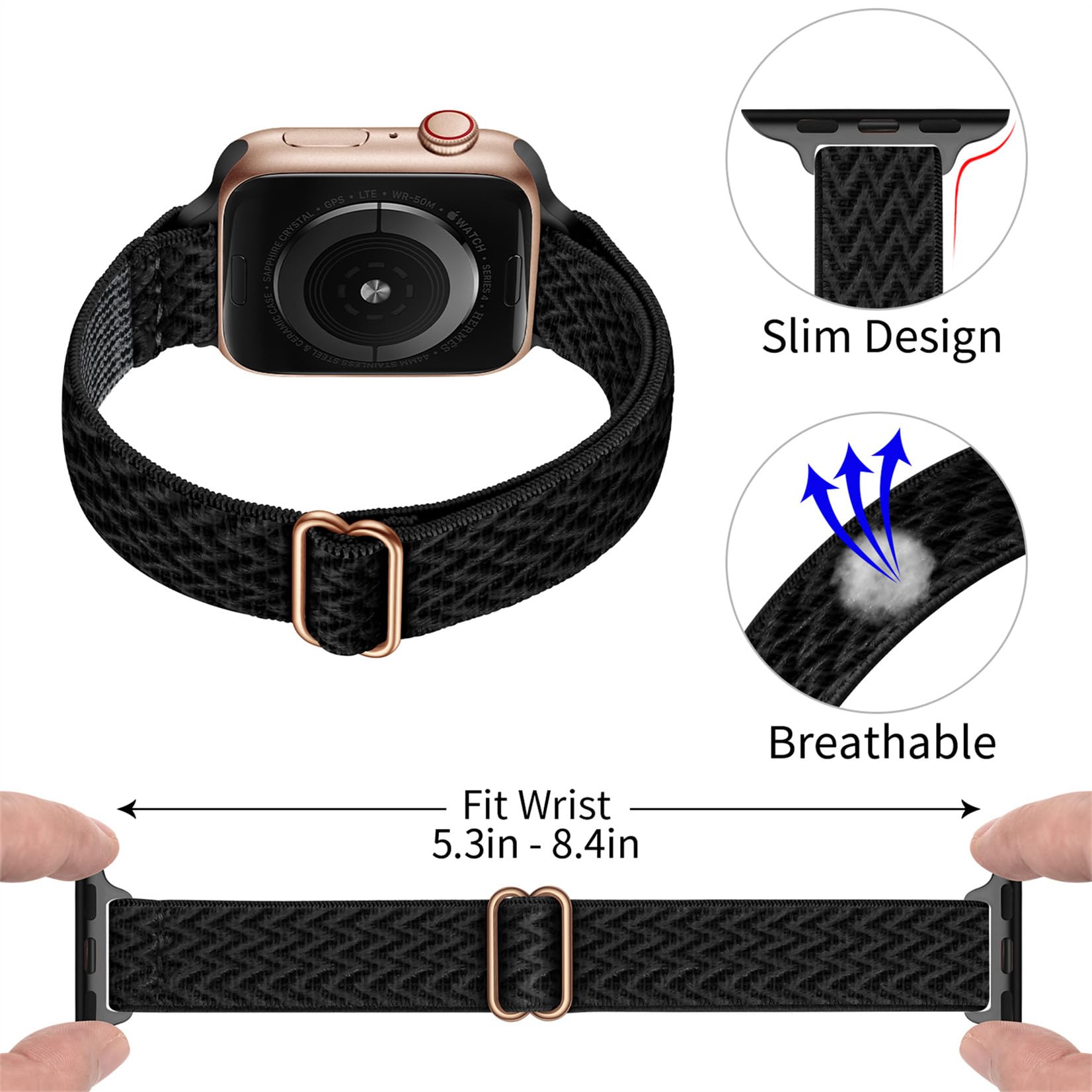 SICCIDEN Slim Stretchy Nylon Watch Band Compatible with Apple Watch Series 10/9/8/7/6/5/4/3/2/1 & Ultra 2/1 - 42mm/44mm/45mm/46mm/49mm - Women's Elastic Thin Strap (Dark Black/Rose Gold) | Perfect for Workouts, Running & Everyday Wear