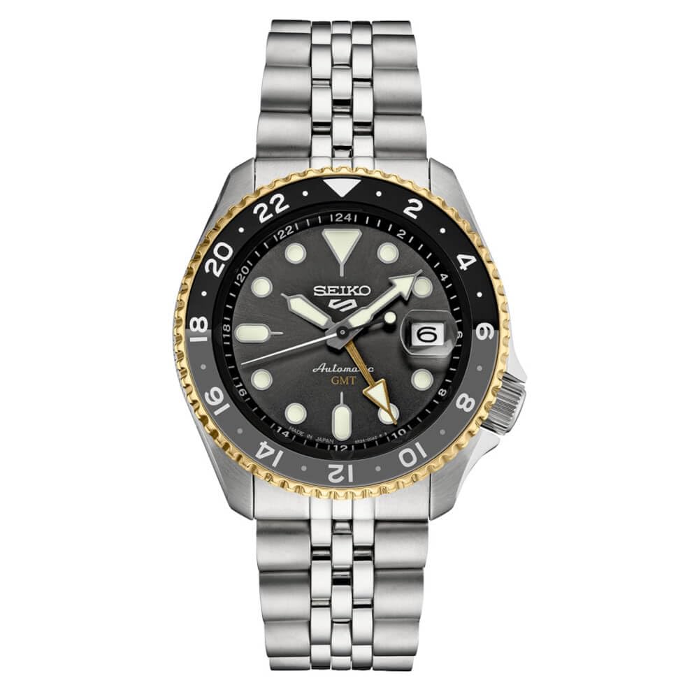 SEIKO SSK021 Automatic Men's Watch - 5 Sports GMT Stainless Steel Watch with Charcoal Dial, 100M Water Resistant - Perfect for Travel, Diving & Everyday Wear