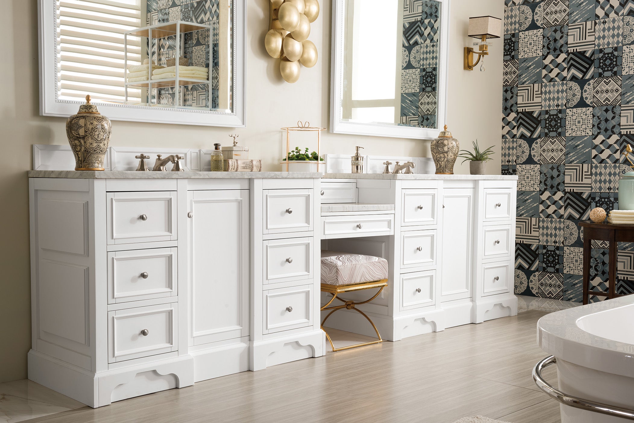 De Soto 118 Double Vanity Set with Makeup Table - Bright White Finish & 3CM Carrara Marble Top | Perfect for Master Bathroom, Guest Bathroom & Beauty Salon Makeup Stations