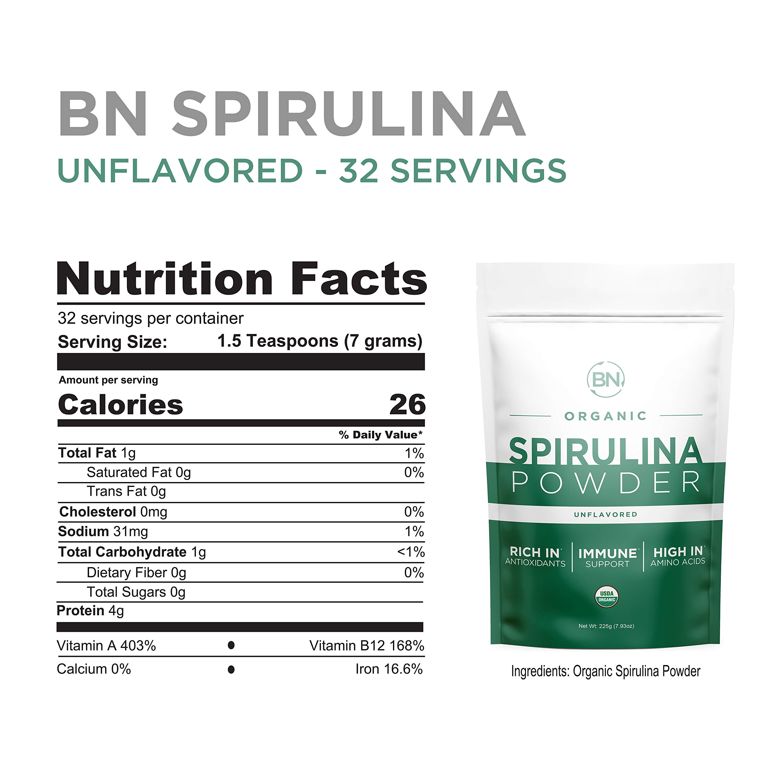 Organic Spirulina Powder 225g (64 Servings, 3.5g per Serving) - USDA Certified, RAW, Nutrient-Dense Superfood with 70% Protein - Vegan Protein Source for Smoothies, Energy Boosts & Detox - Pure & Natural Dietary Supplement
